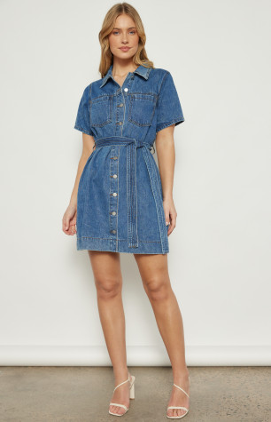Button Up Denim Mini Dress with Stitched Detail Belt (WDM606) | Style State