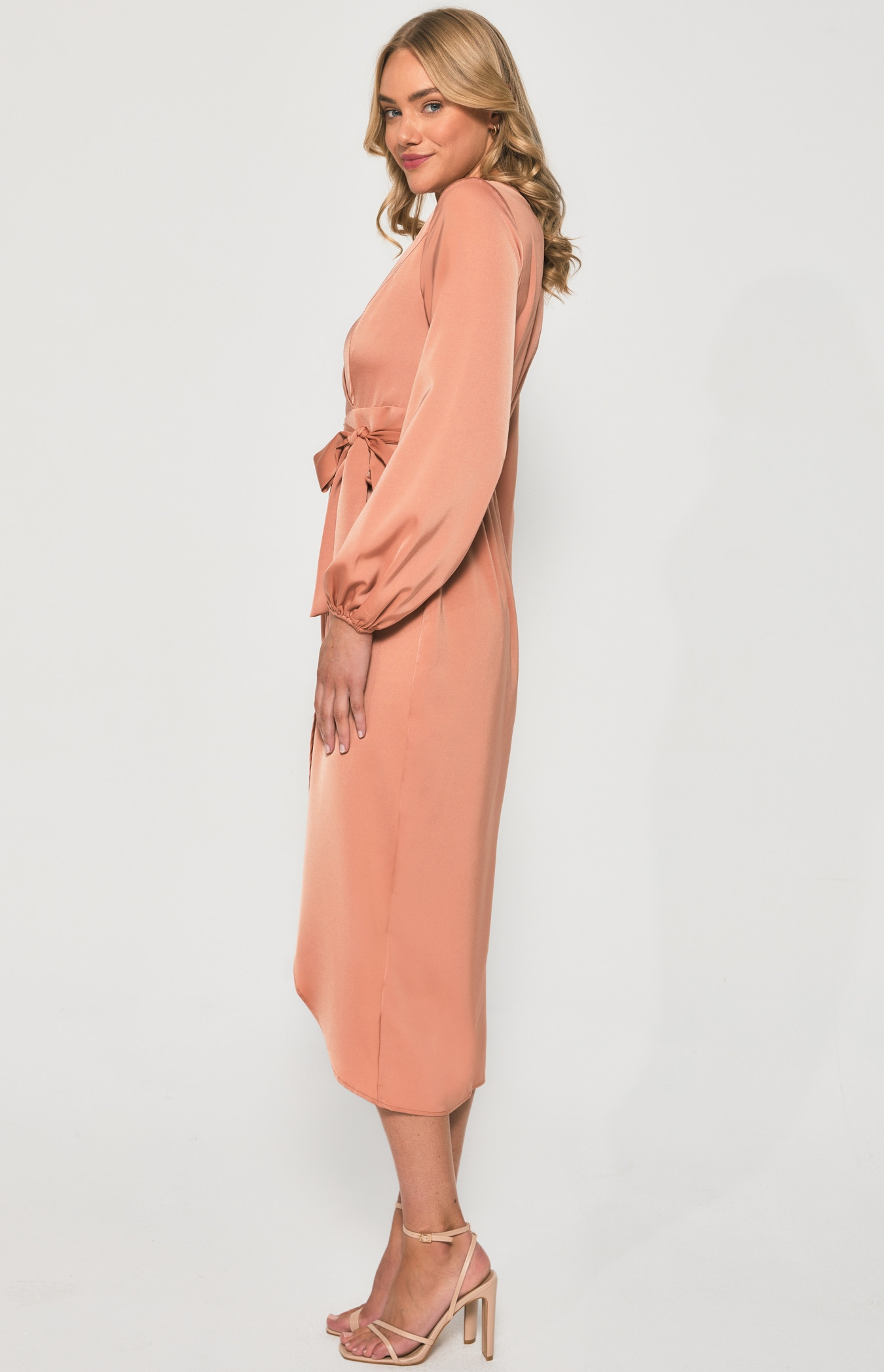 long sleeve tulip hem dress CLEARANCE- Celeste Tulip Hem Mini Wrap Dress- Champagne -