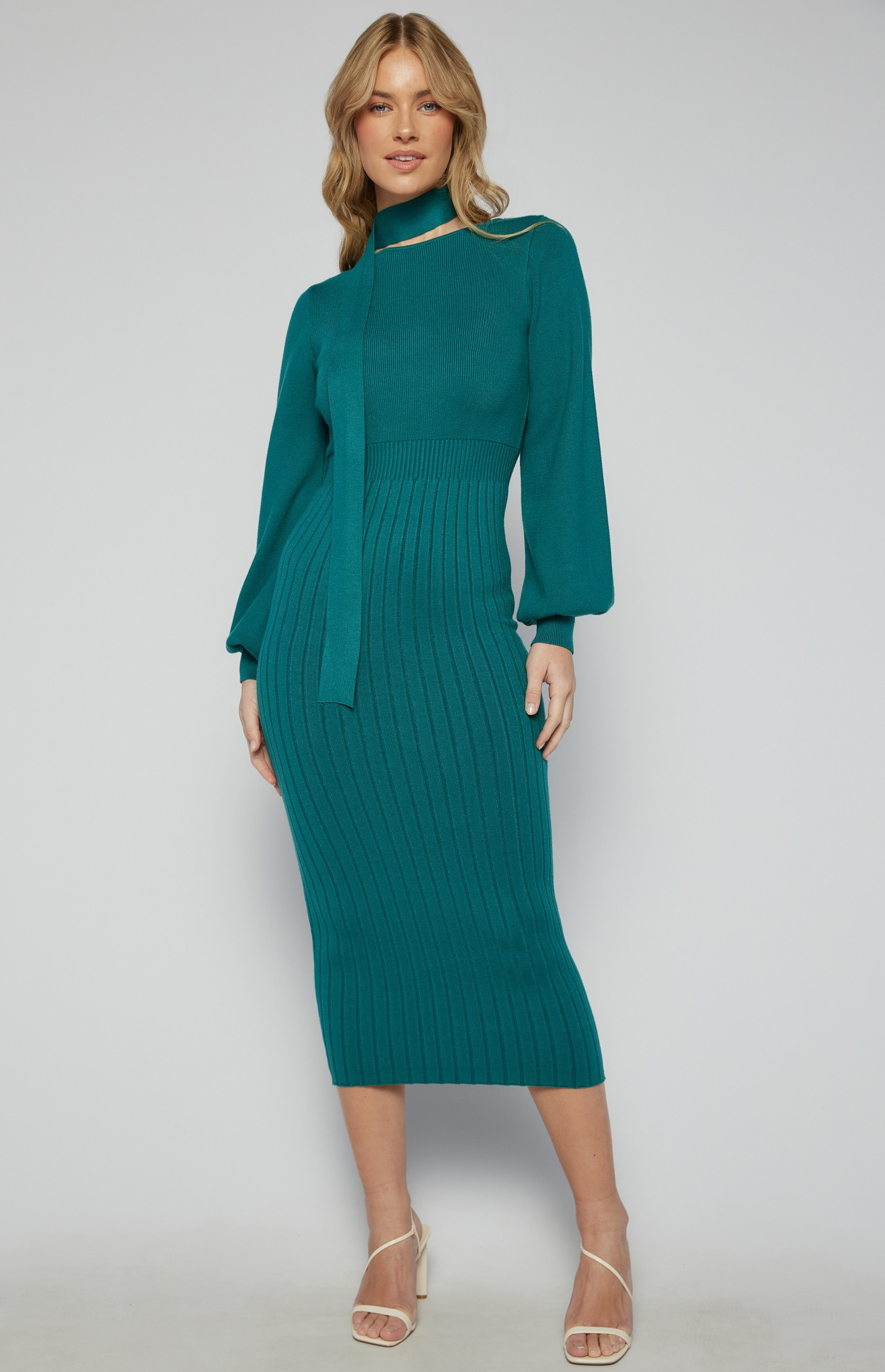 Boat Neckline Bubble Sleeve Contrast Knit Midi Dress (AKN823) | Style State