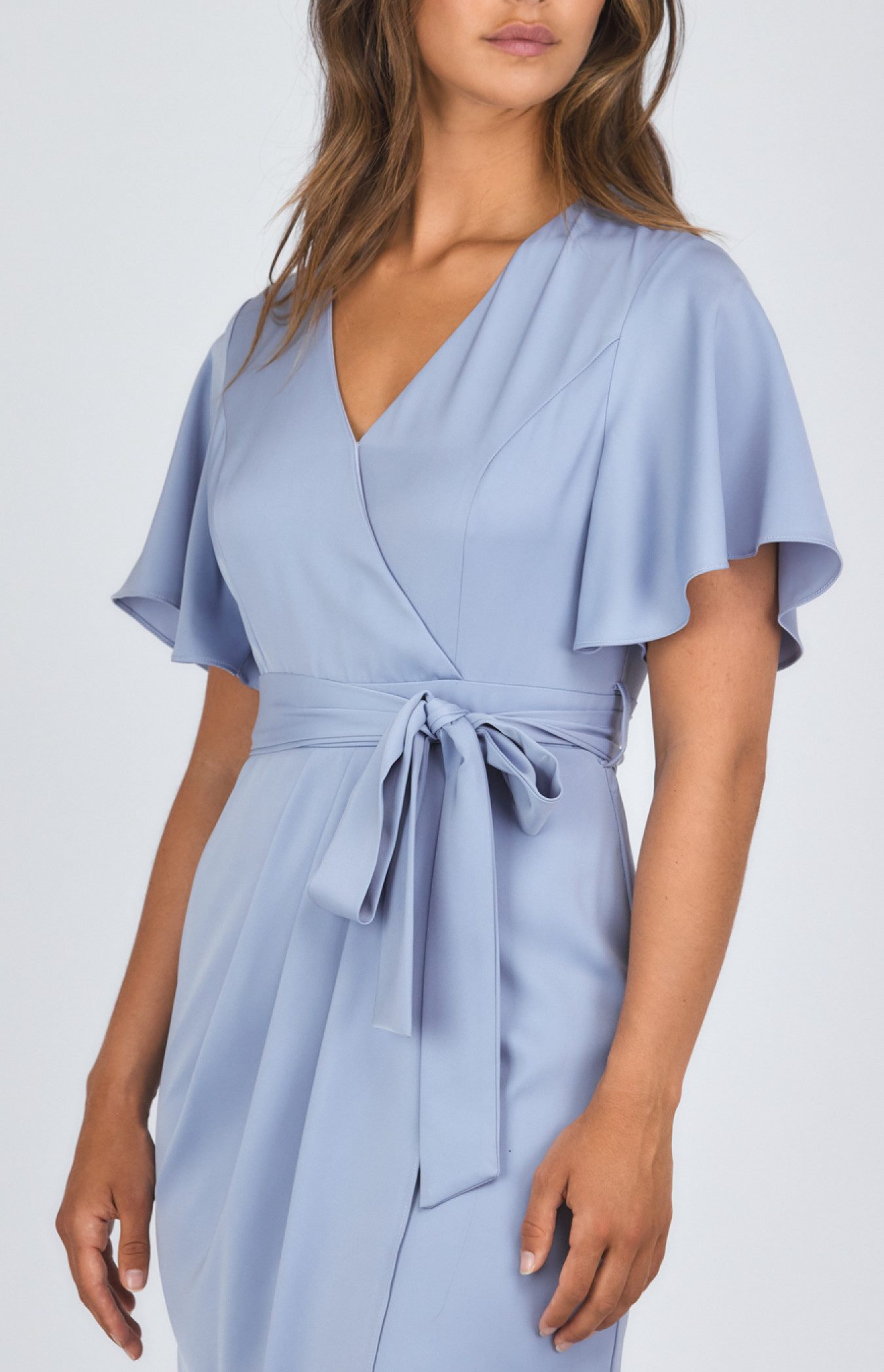 Satin Butterfly Sleeve Midi Dress with Tulip Hem (SDR1120B) | Style State