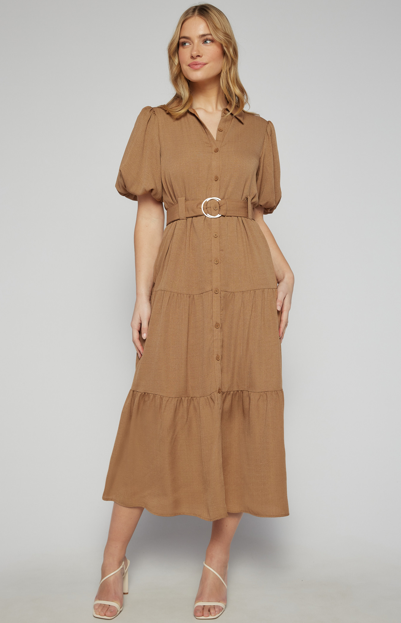 Midi Shirt Dress with Metal Ring Belt and Tiered Skirt (SDR1256A) | Style  State