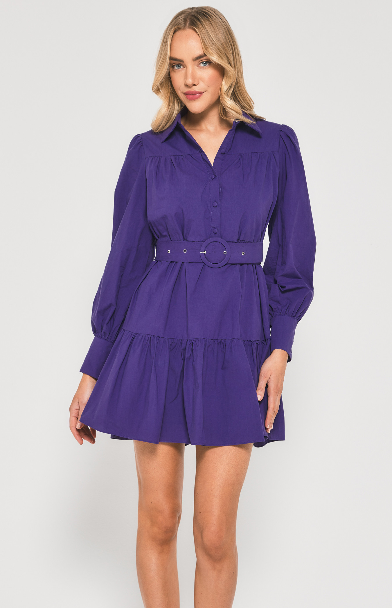 Cotton Tiered Shirt Dress with Circle Buckle Belt (SDR1384A) | Style State
