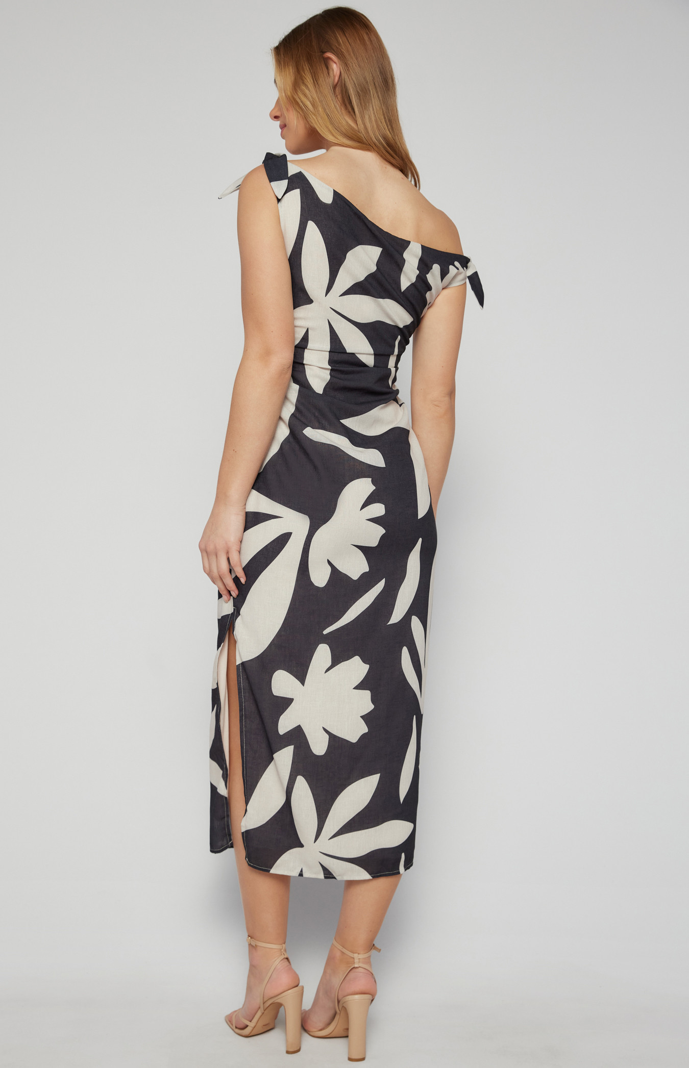 Two Tone Floral Faux Linen Midi Dress (SDR1622B) | Style State