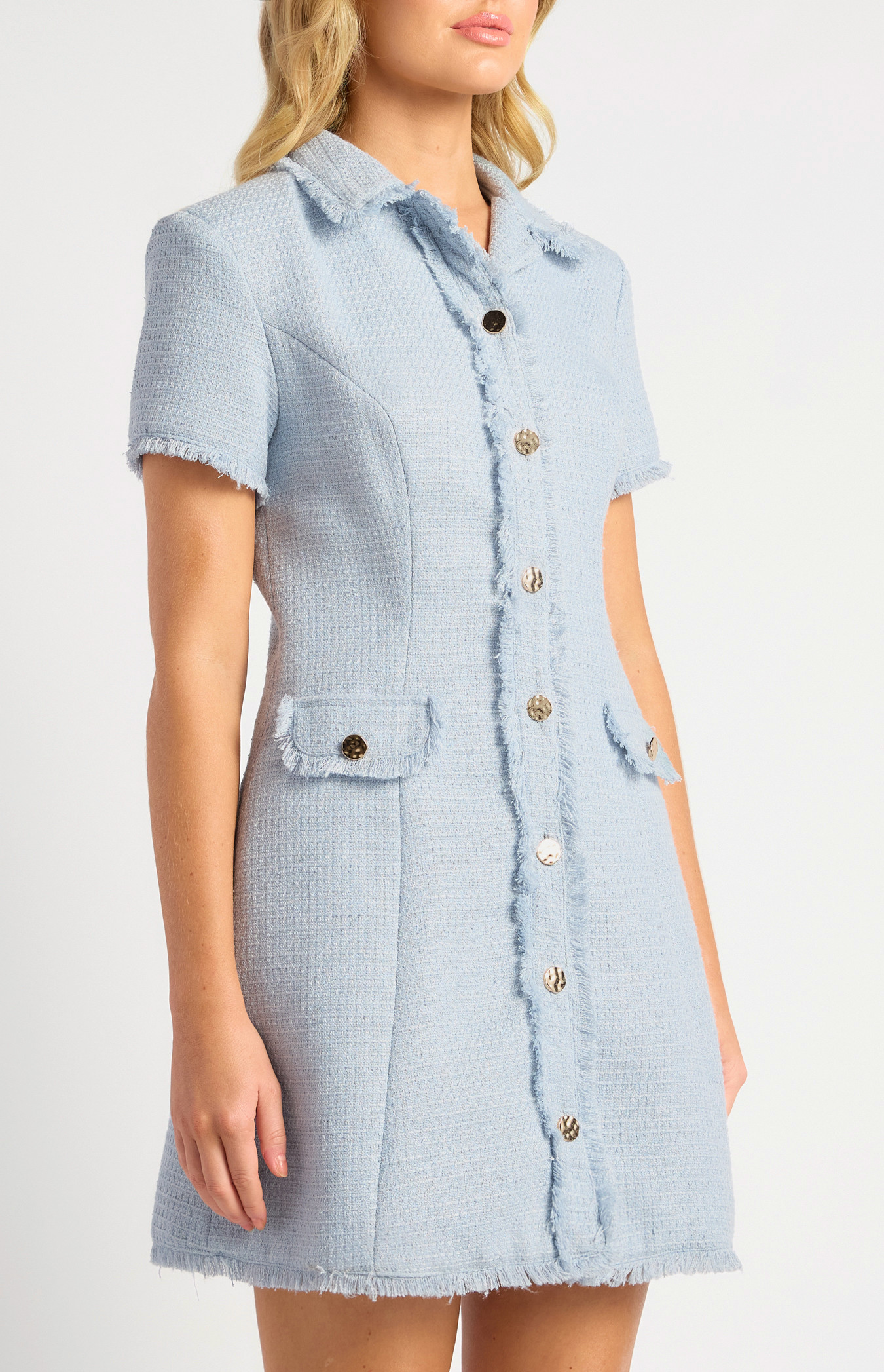 Gold Button Feature Fray Detail Collared Tweed Dress (SDR1755A) | Style  State