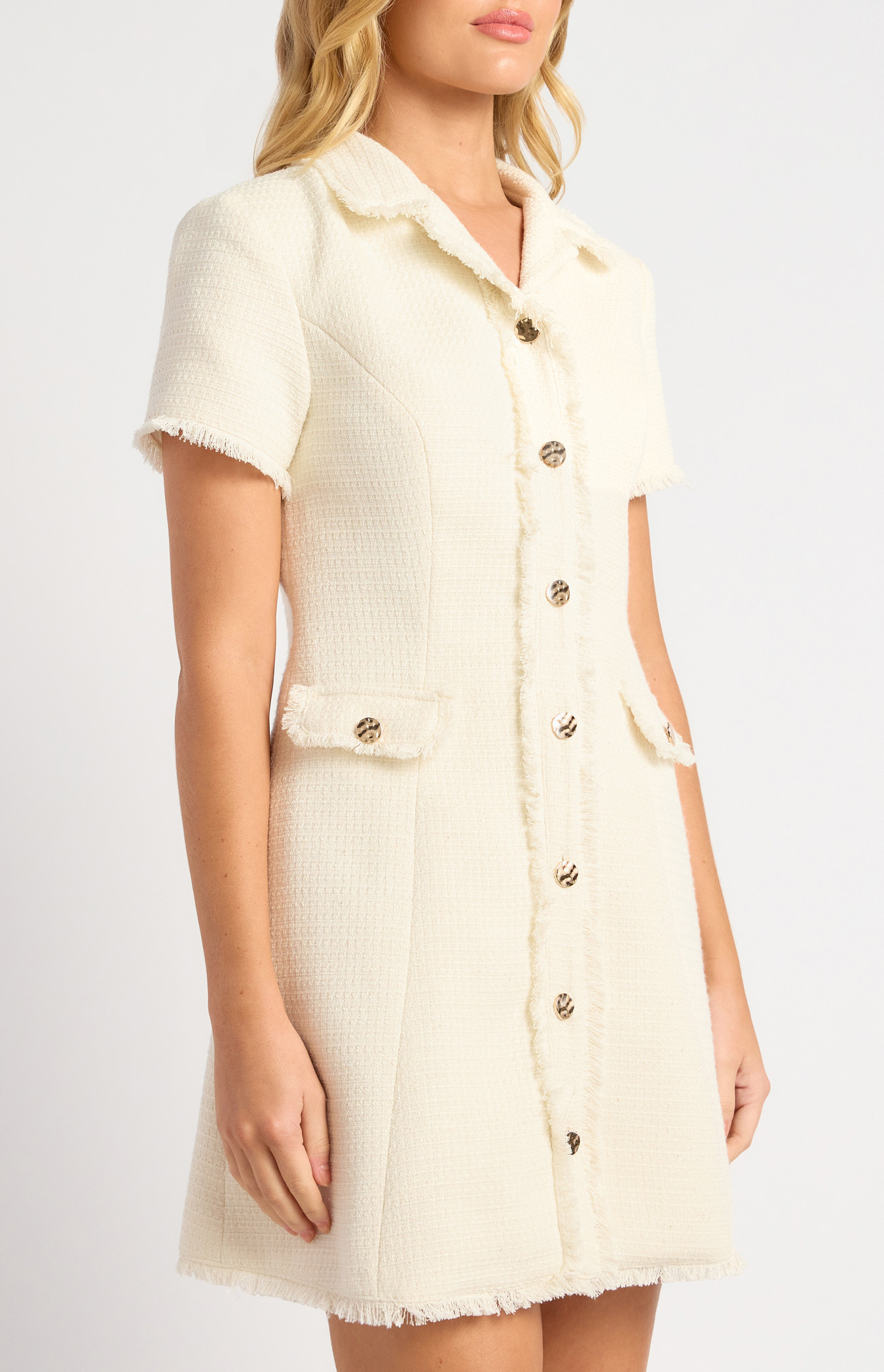 slim fit dress slacks Ivory Plaid Tweed Gold Button-Down Short Sleeve Mini Dress – Dazey Hill main image 1
