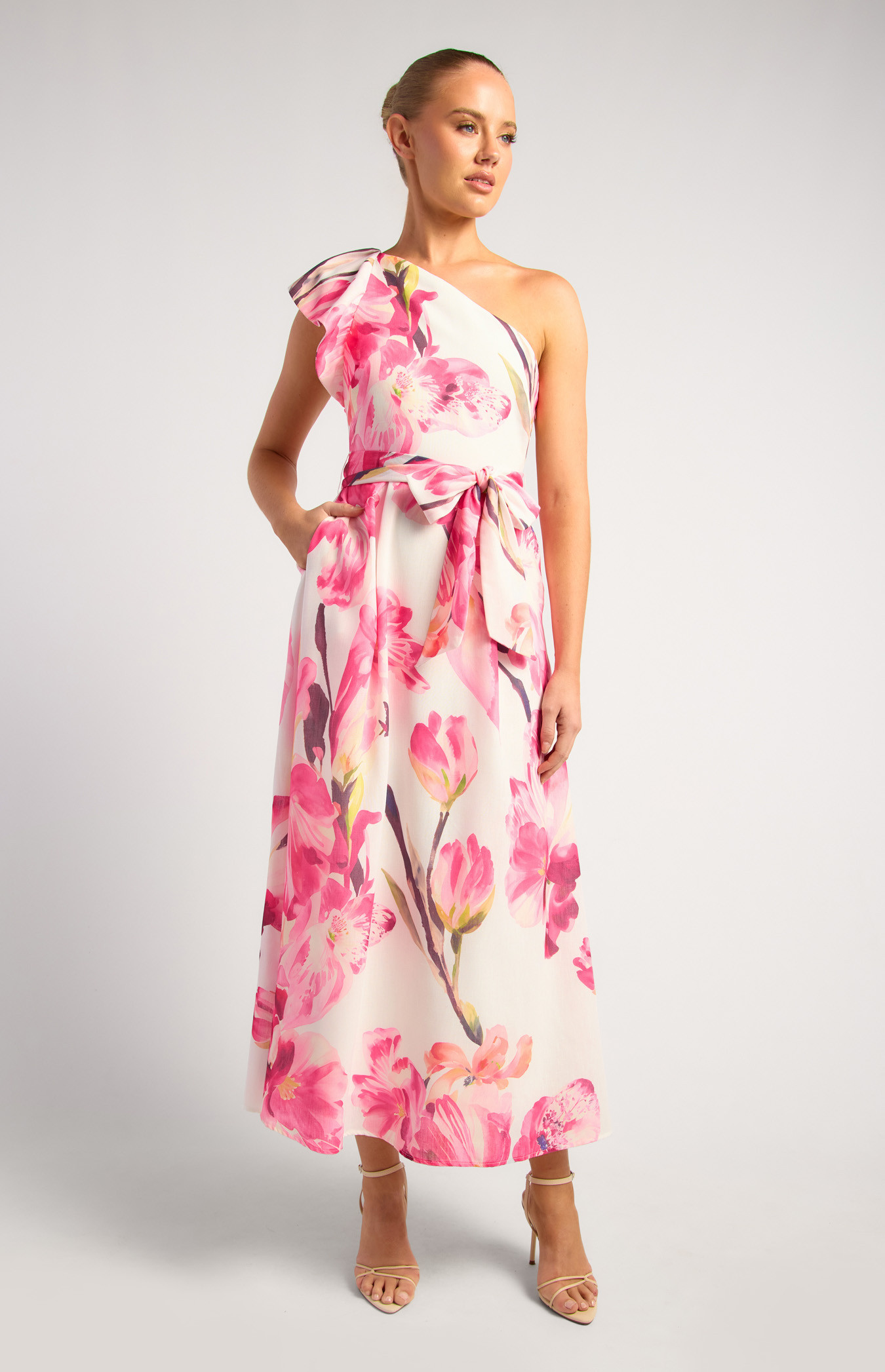 One Shoulder Ruffle Sleeve Floral Midi Dress (SDR1805A)