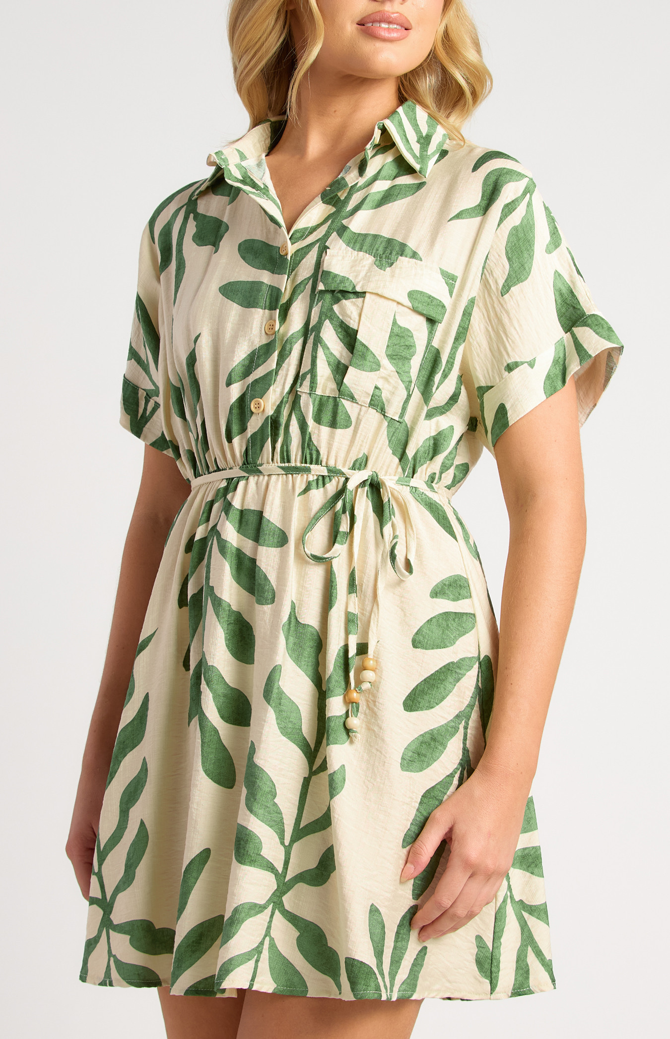 Leaf Print Elastic Waist Shirt Dress (SDR1867A) | Style State