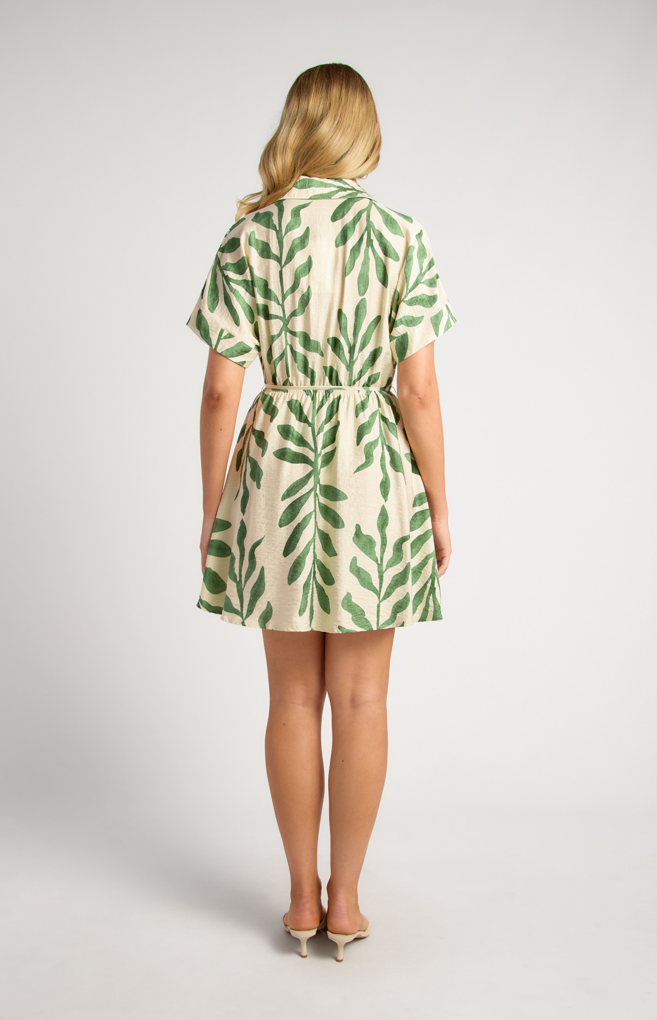 Leaf Print Elastic Waist Shirt Dress (SDR1867A) | Style State