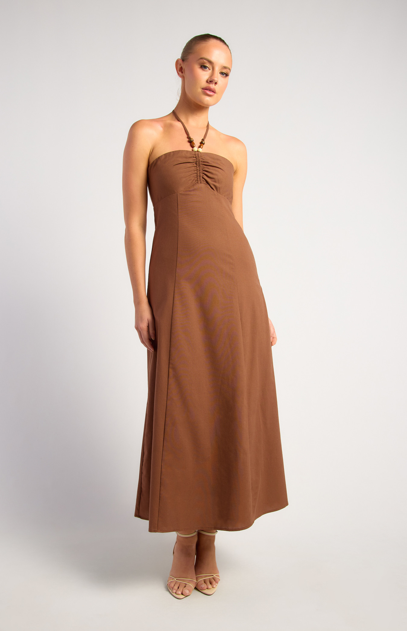 Cotton Linen Beaded Drawstring Halter Maxi Dress (SDR1871A) | Style State
