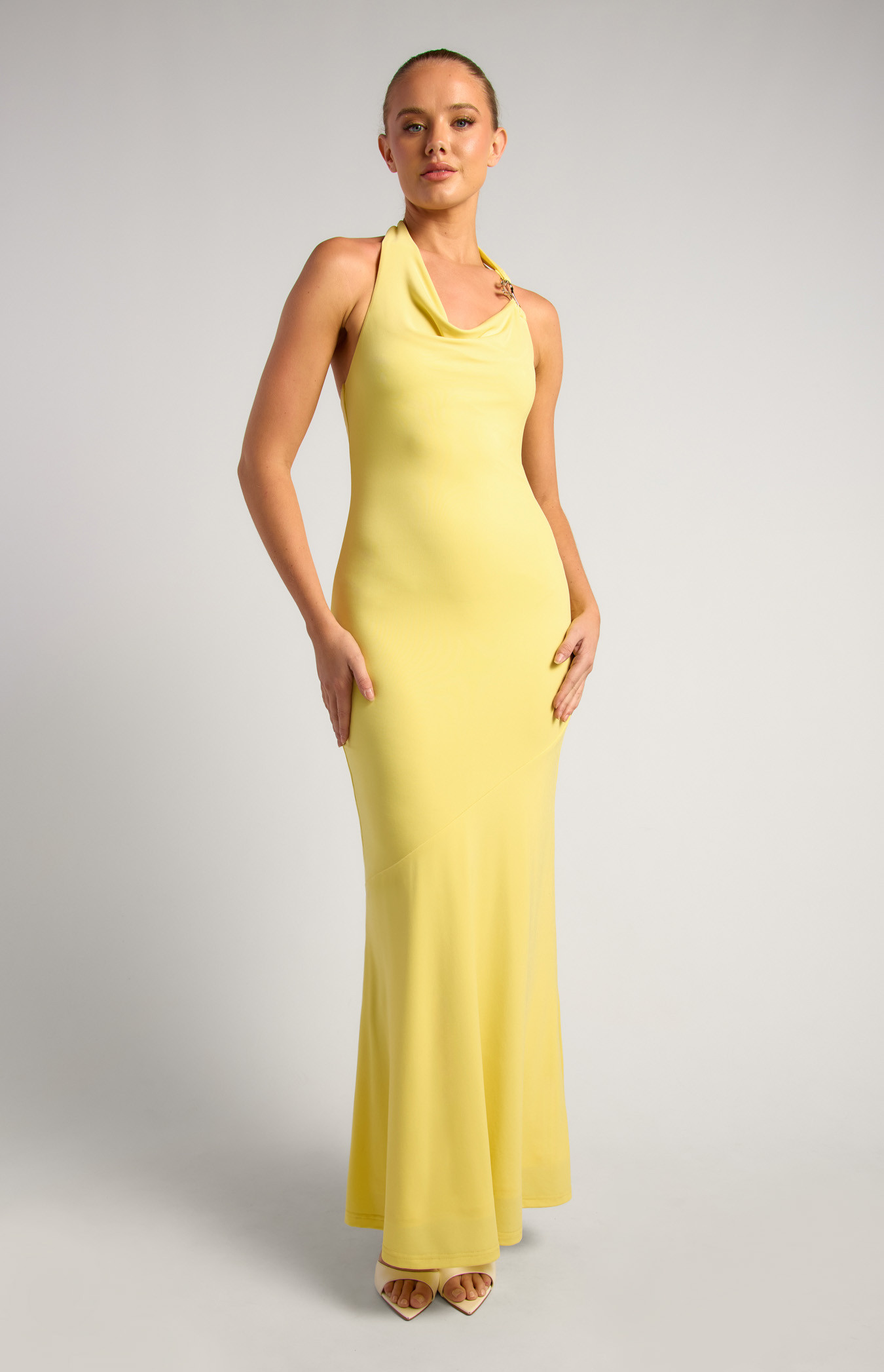 Halter Neckline Gold Feature Buckle Cowl Neck Maxi Dress (SDR1900A) | Style State Halter Neckline Gold Feature Buckle Cowl Neck Maxi Dress (SDR1900A) | Style State