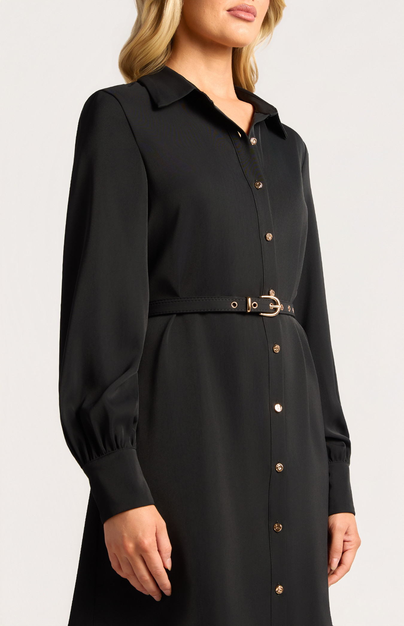 Longline Gold Button Shirt Dress With Belt Featured (SDR1913A) | Style State
