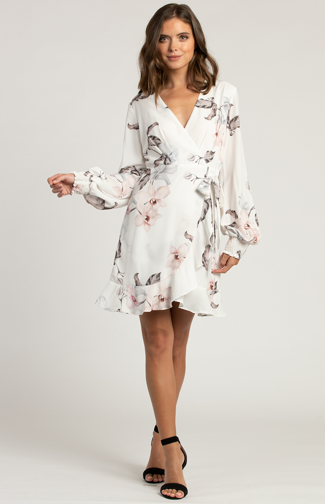 white long sleeve floral dress White Floral Printed Long Sleeve V Neck Holiday Midi Dress