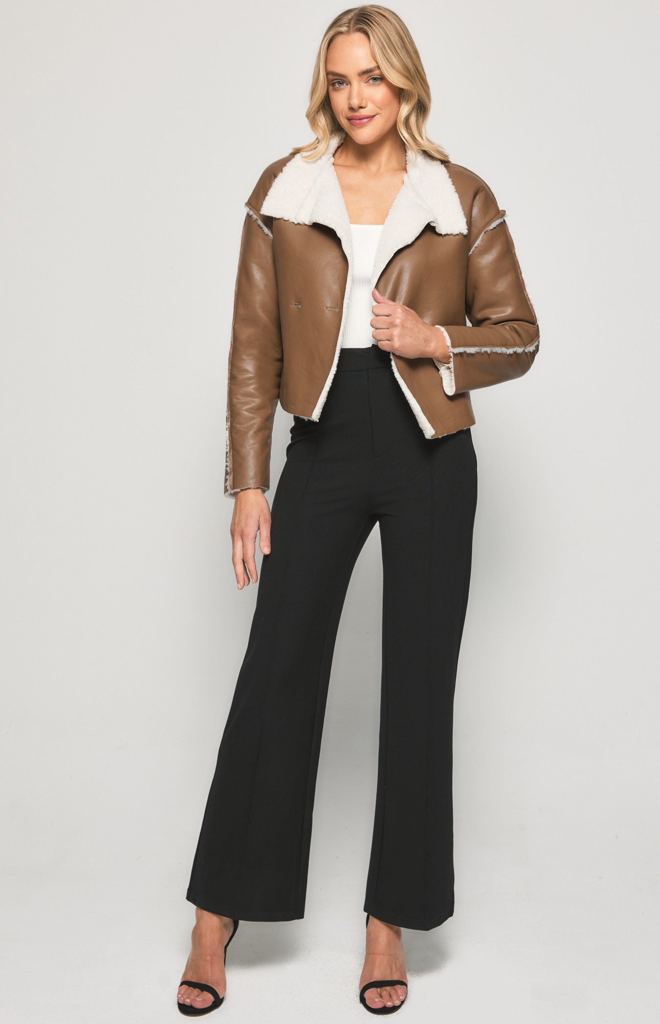 Faux Leather Jacket with Exposed Faux Fur Seams (SJT376B) | Style