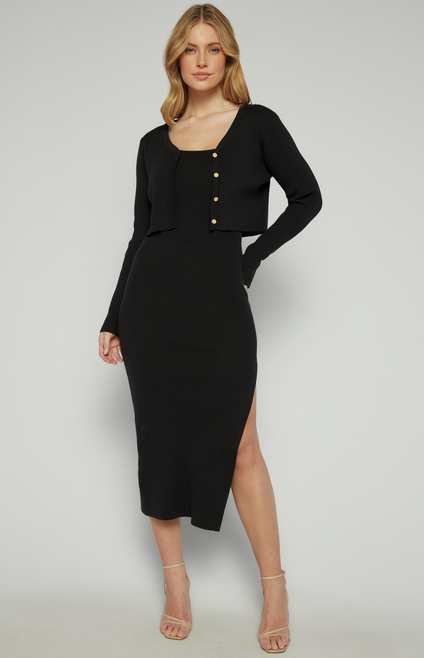 Knit Midi Dress with Matching Cardigan Set (SKN834) | Style State
