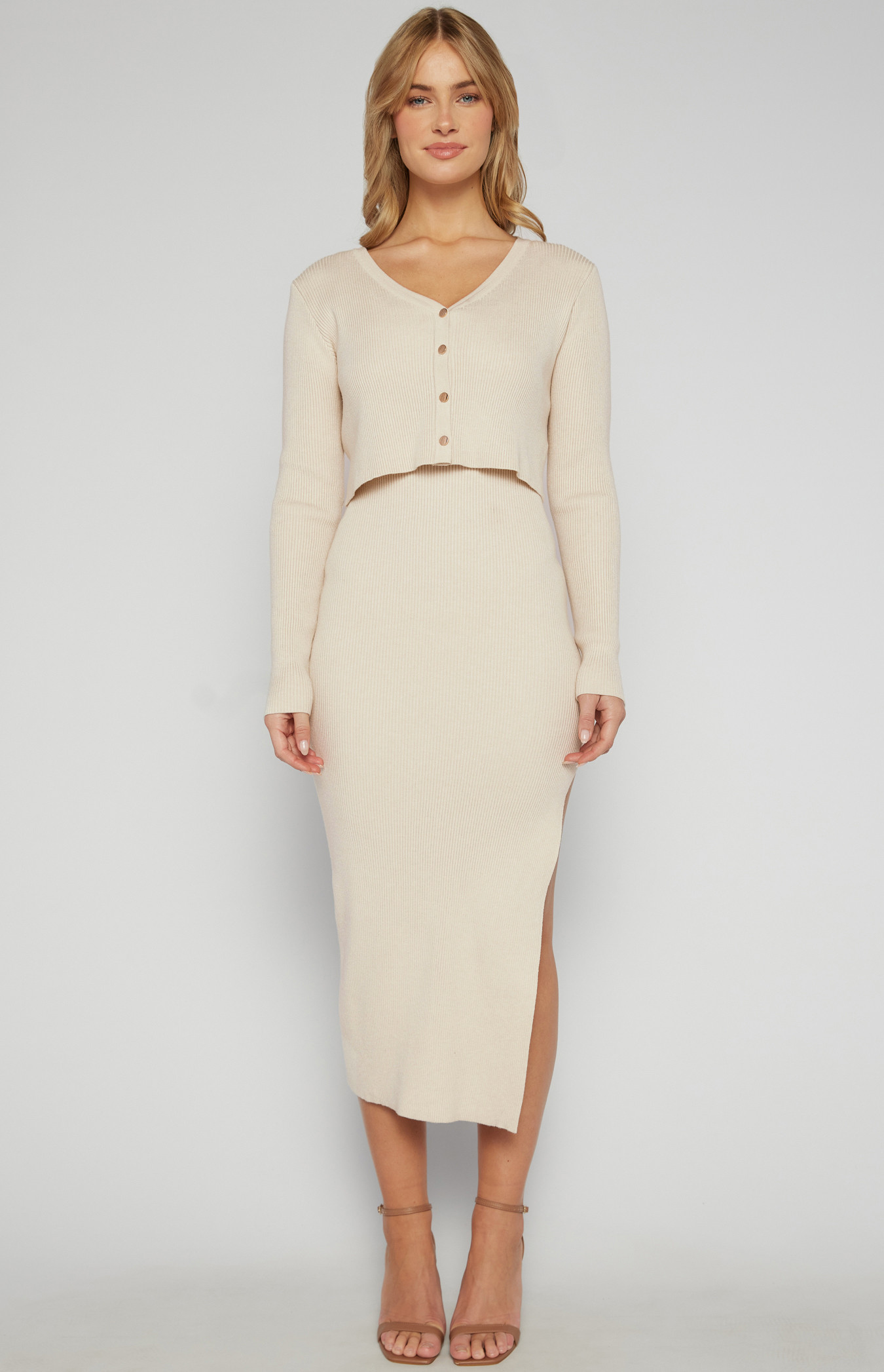 ribbed knit midi dress and cardigan set Cardigan & Midi Dress Set main image 1