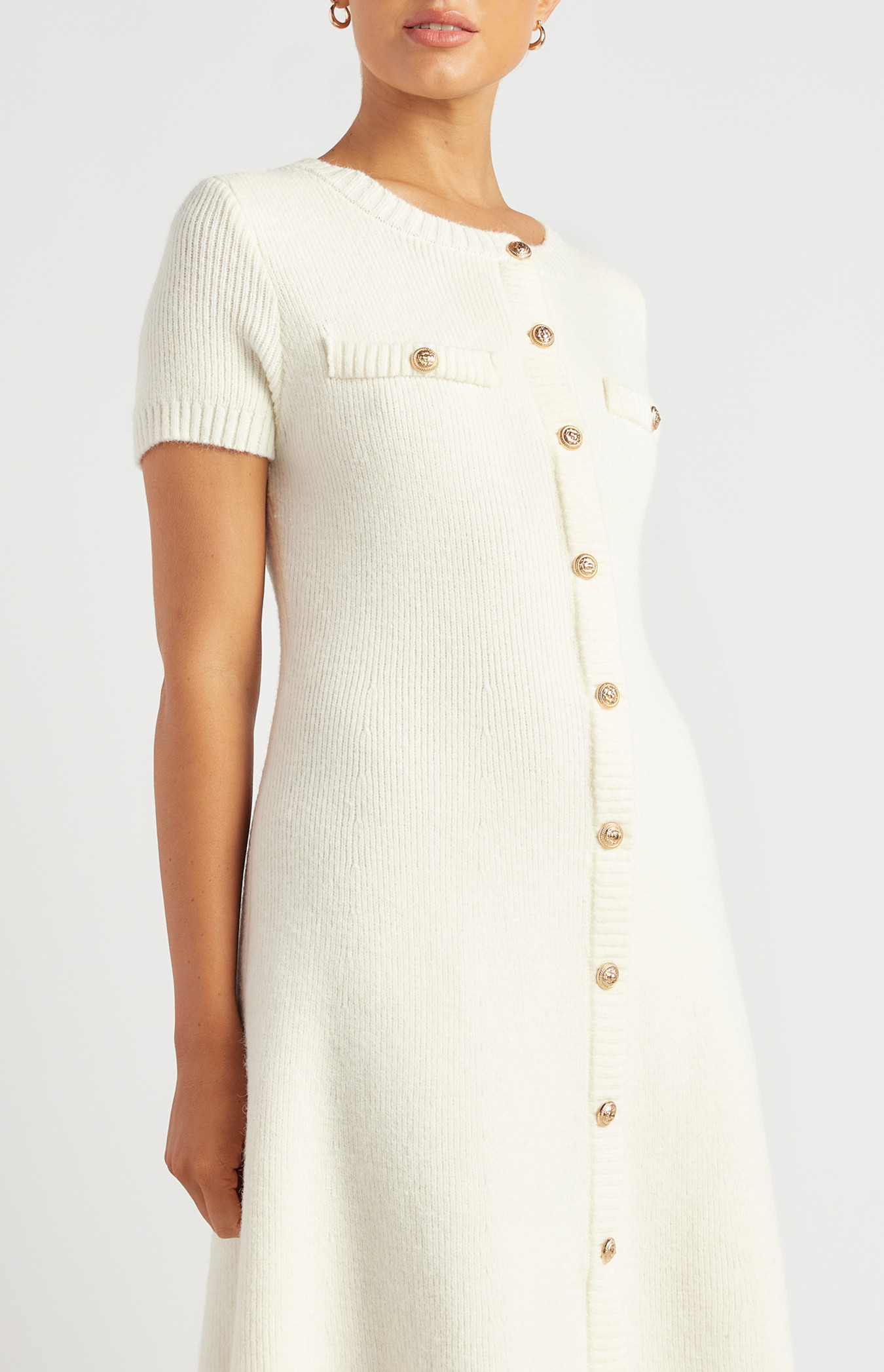 Embossed Gold Button Boucle Knit Dress (SKN894) | Style State