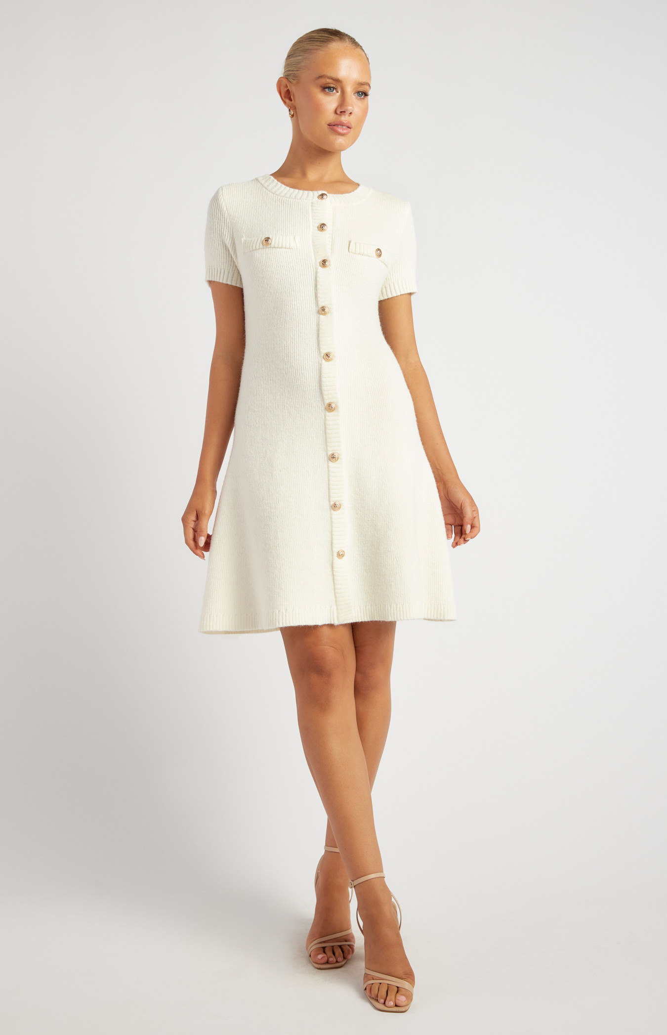 Embossed Gold Button Boucle Knit Dress (SKN894) | Style State