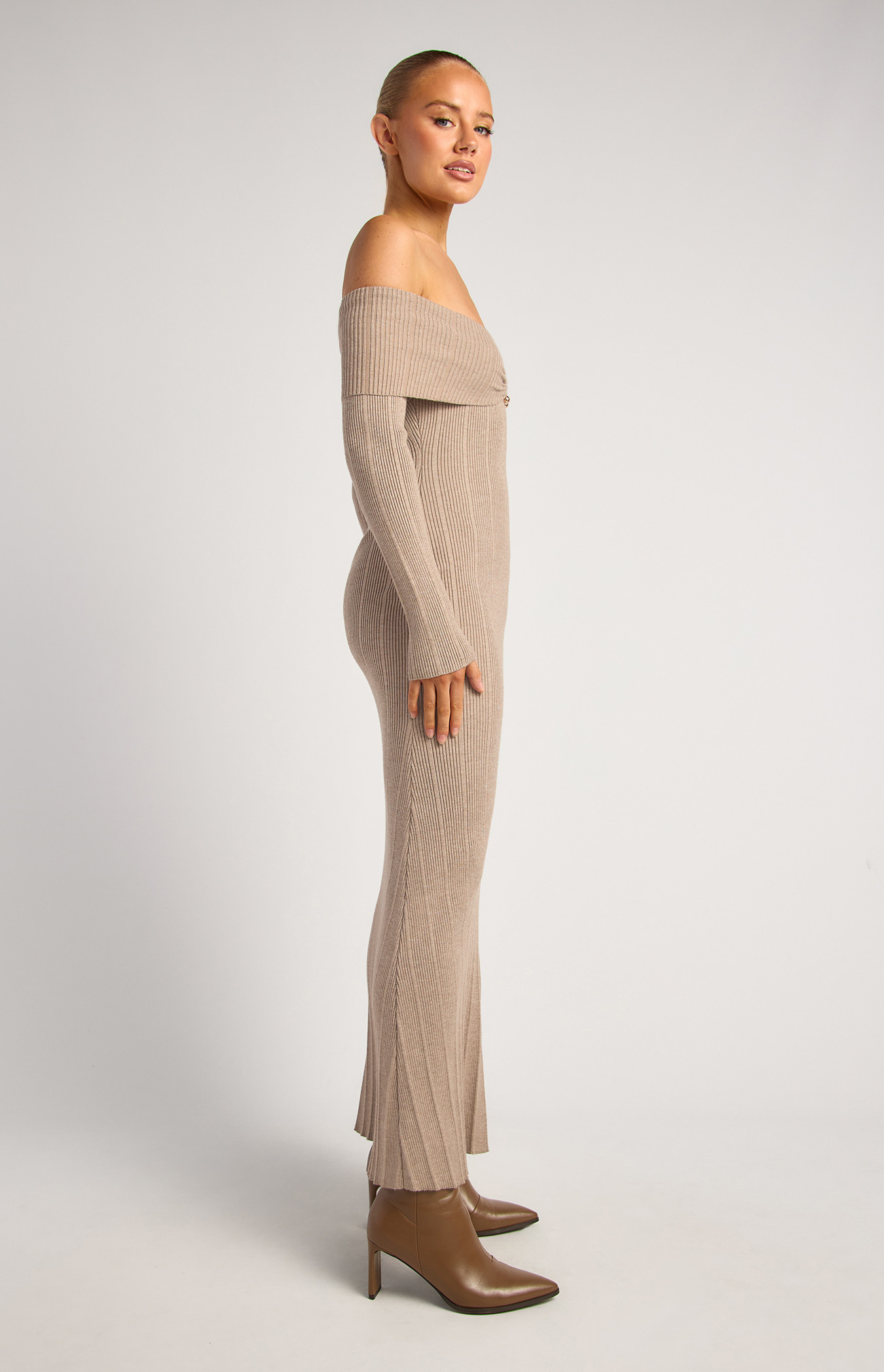 brown off the shoulder knit dress ASTR the Label Tilde Sweater Dress in Brown