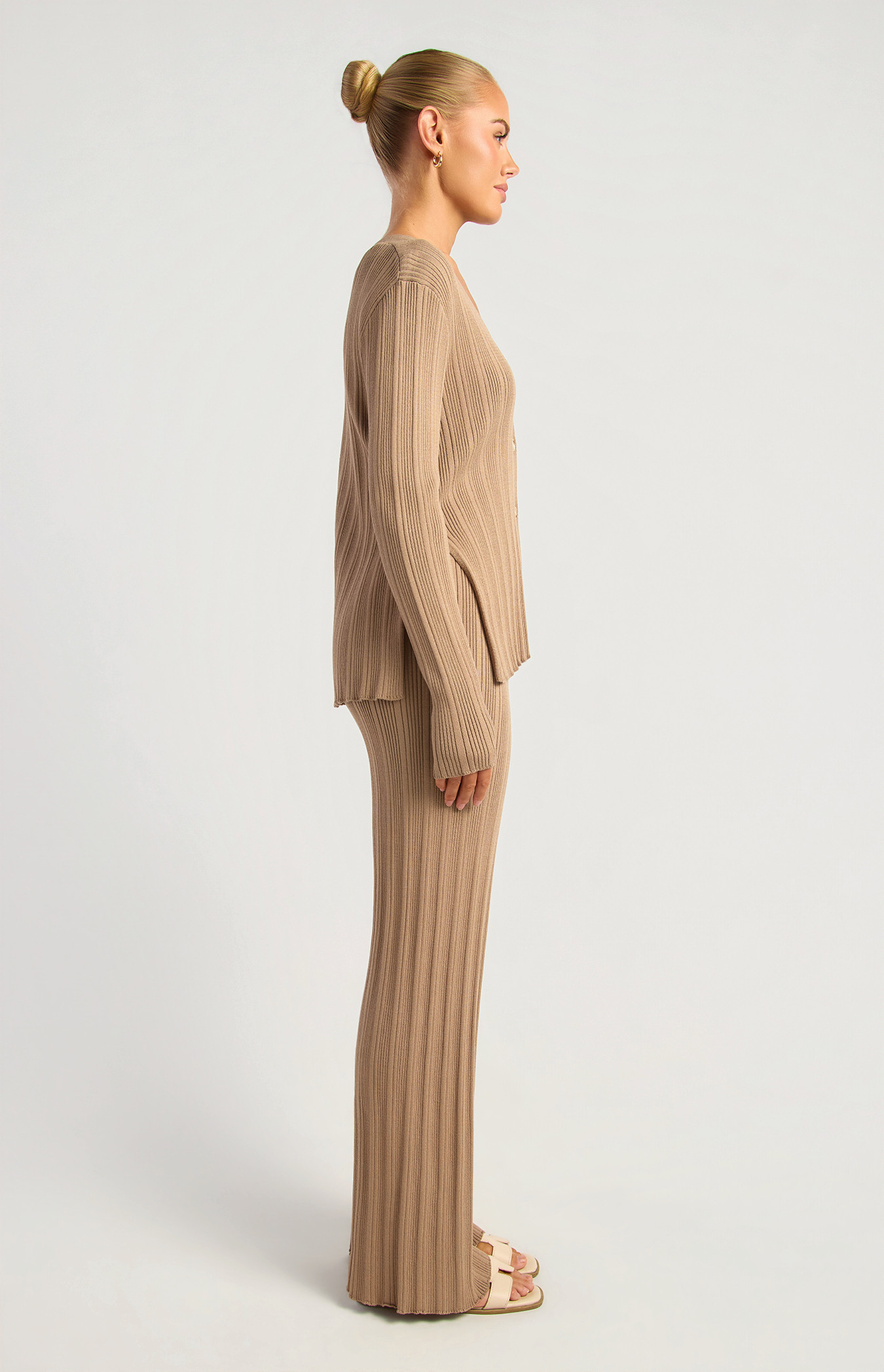 Textured Rib Knit Set With Button Up Top And Pants (SKN988