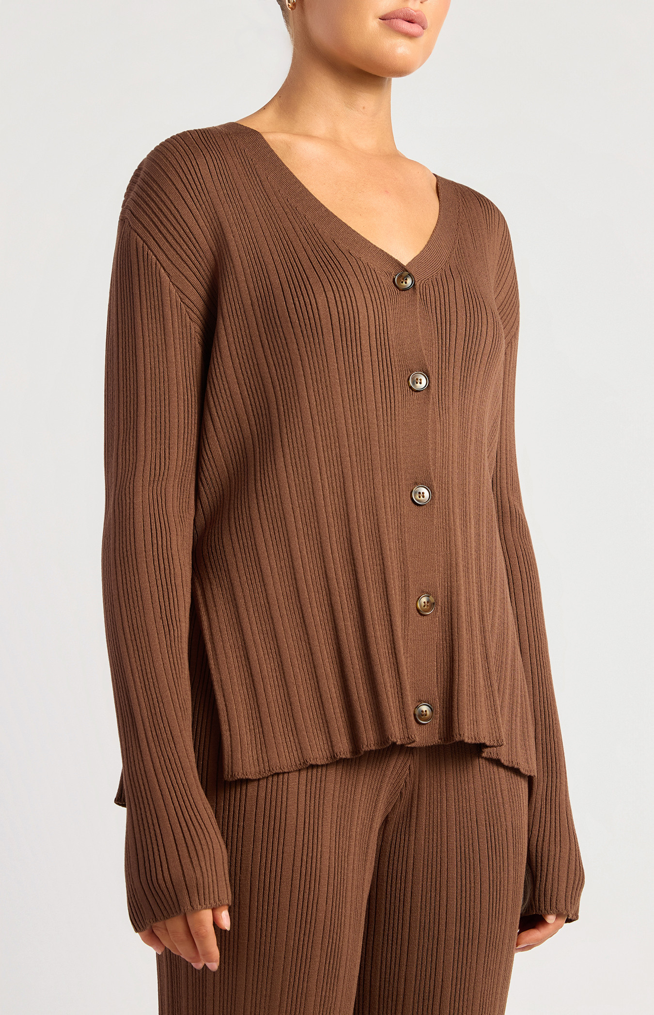 Textured Rib Knit Set With Button Up Top And Pants (SKN988