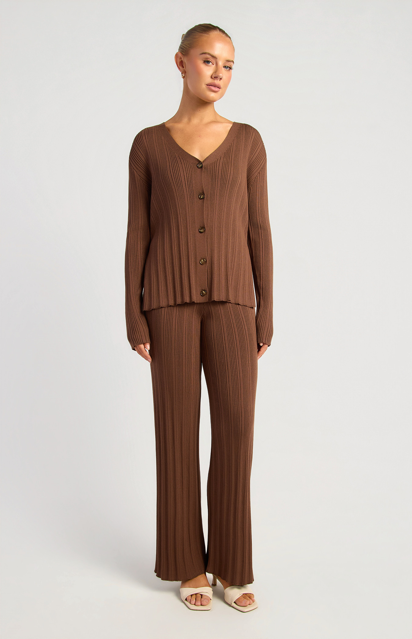 Textured Rib Knit Set With Button Up Top And Pants (SKN988