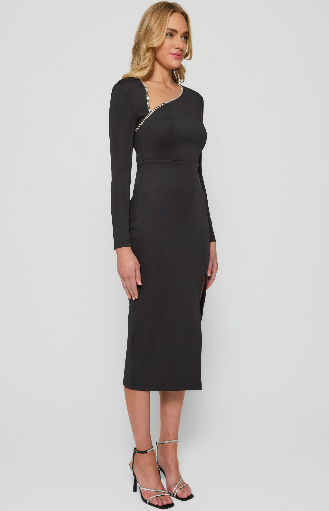 Diamante Trim Asymmetric Neckline Bodycon Dress (WDR662B) | Style State