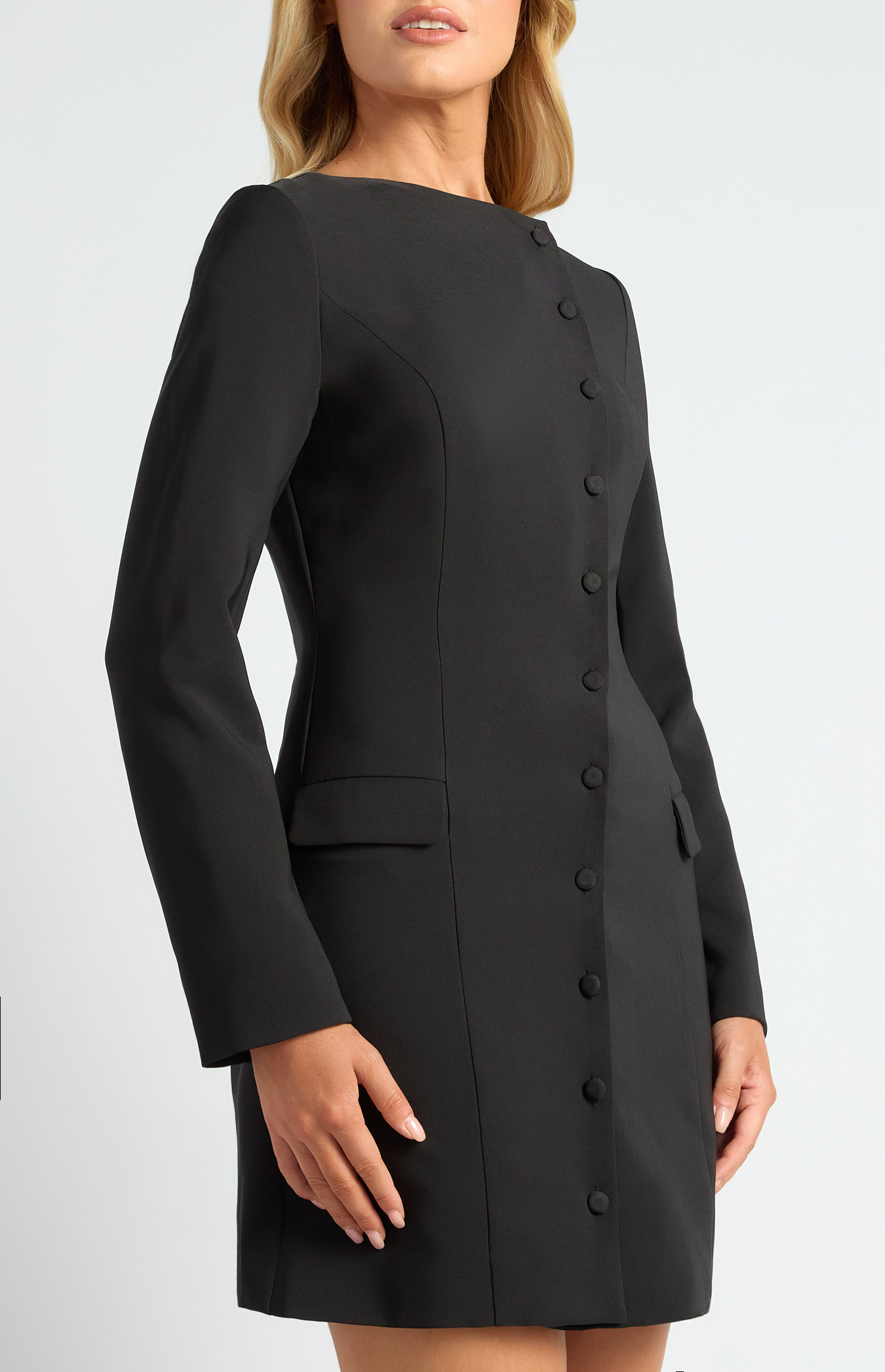 Asymmetric Self Covered Buttons Detail Blazer Dress (WDR814B) | Style State
