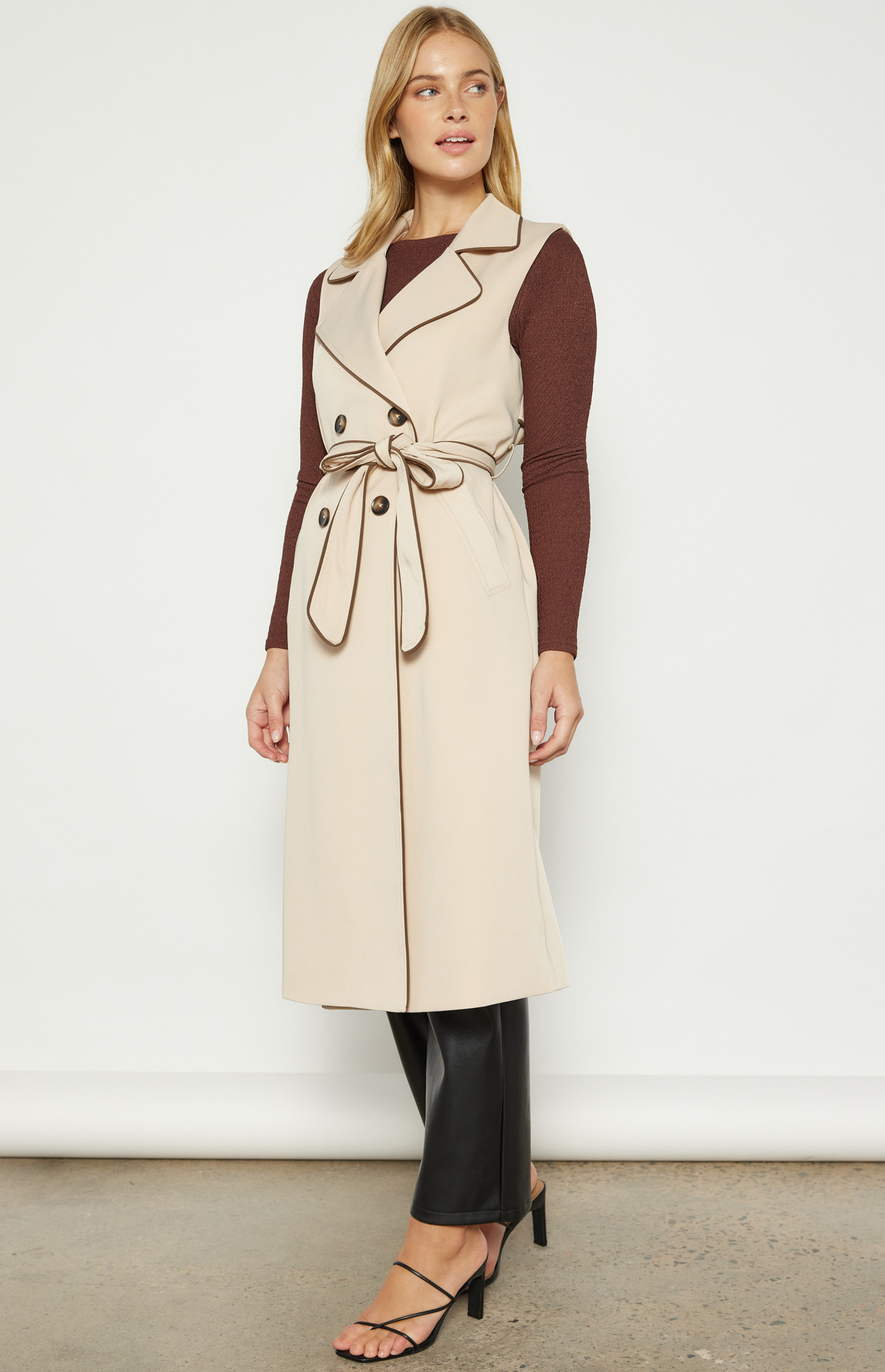 Contrast Stitching Longline Sleeveless Trench Coat (WJT228B
