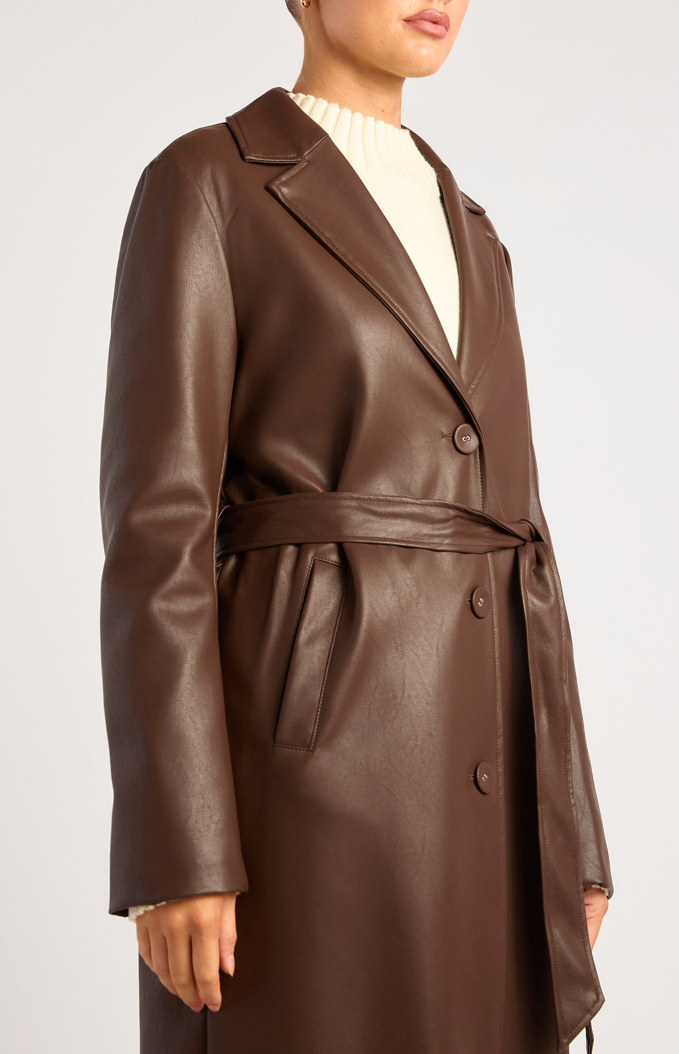 Faux Leather Longline Coat with Belt (WJT233A) | Style State