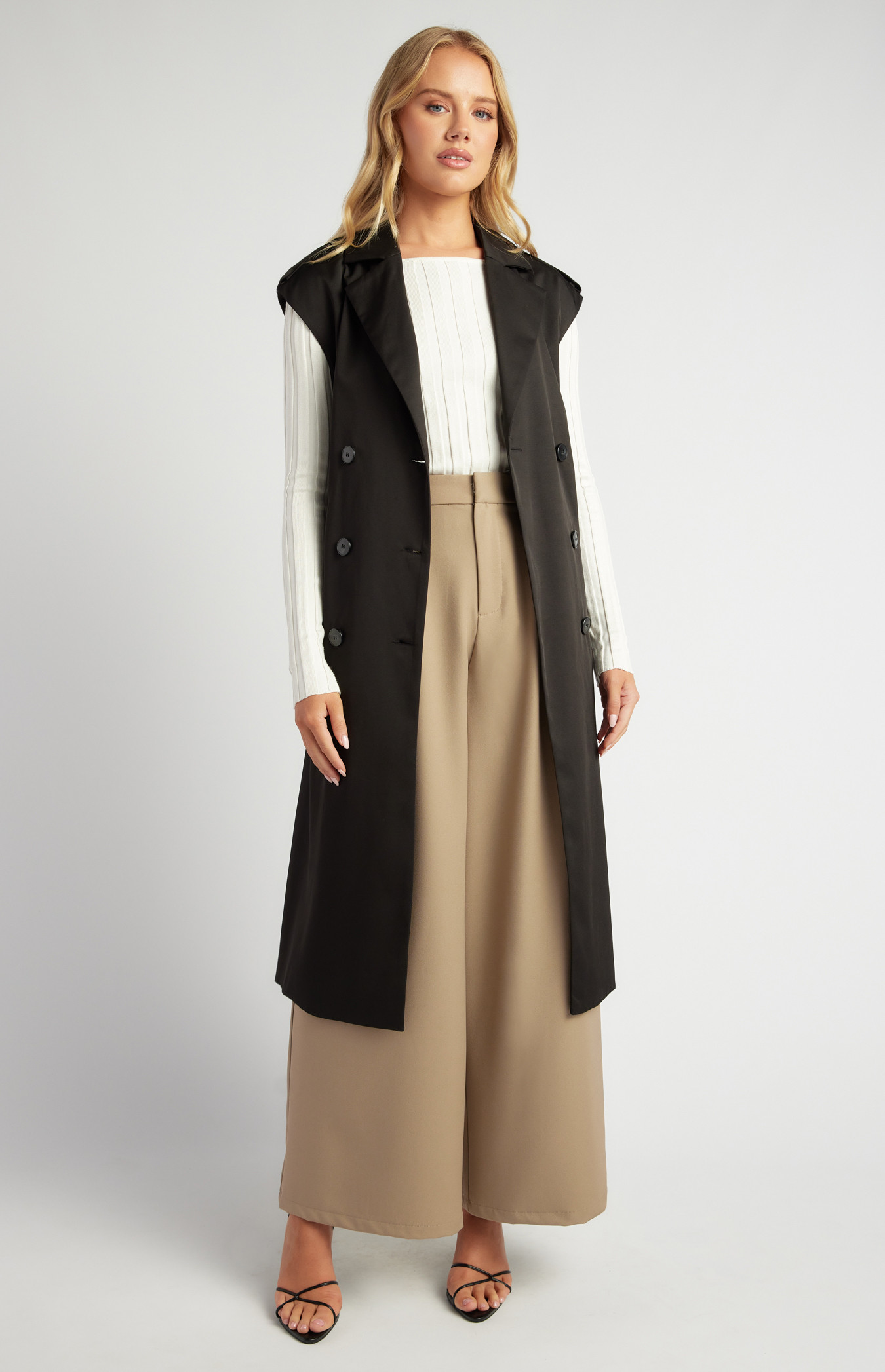 Sleeveless Vest Trench Coat with Shoulder Tabs and Button Details