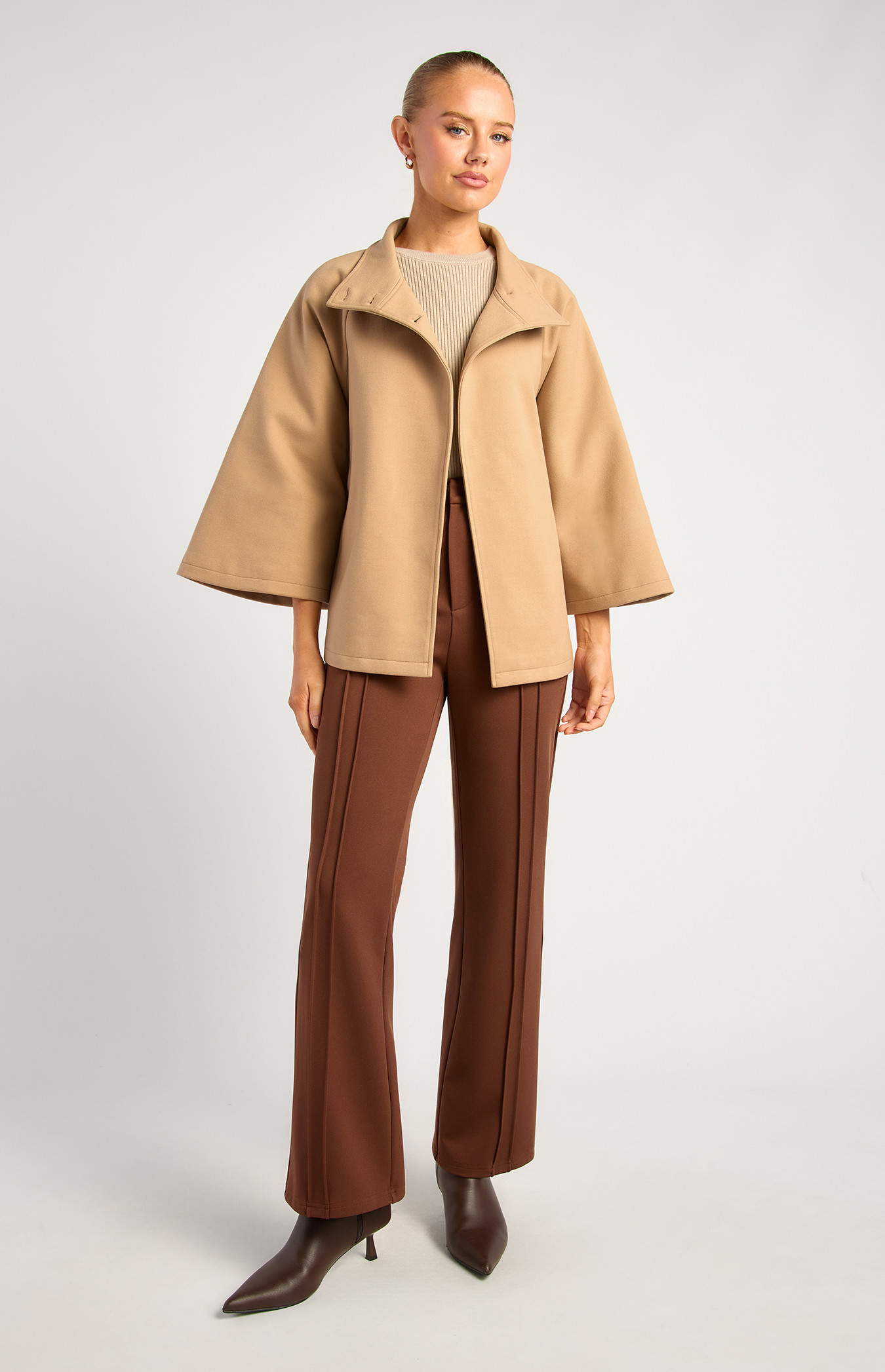 【YENN】キャメル DOUBLE FACE CAPE JACKET Funnel Neck Cape Coat (WJT266B) | Style State