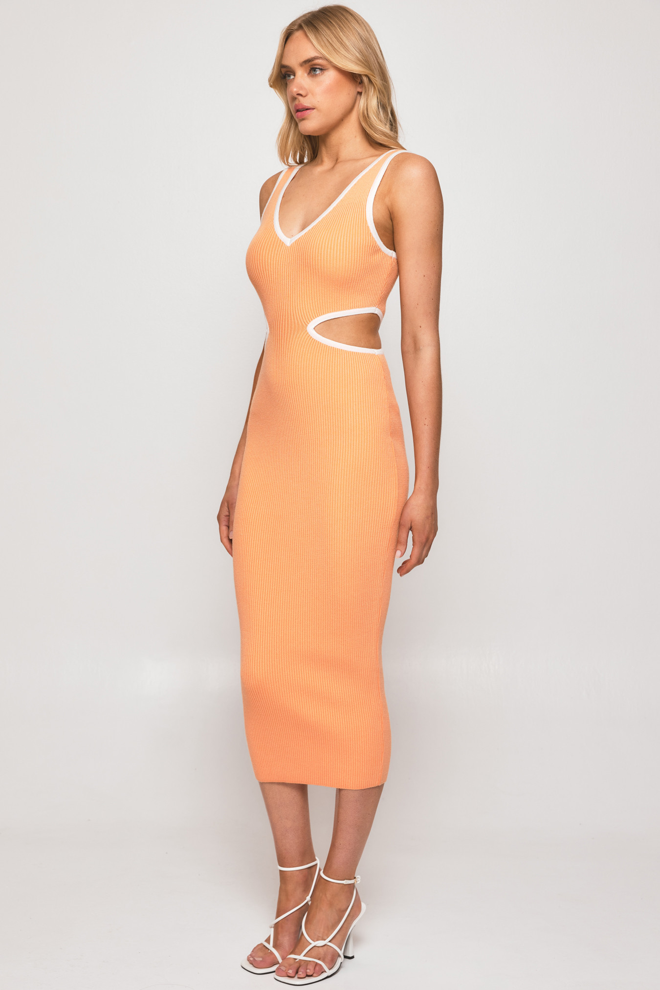 Contrast Binding V Neck Midi Dress with Waist Cut Outs (WKN418) | Style  State