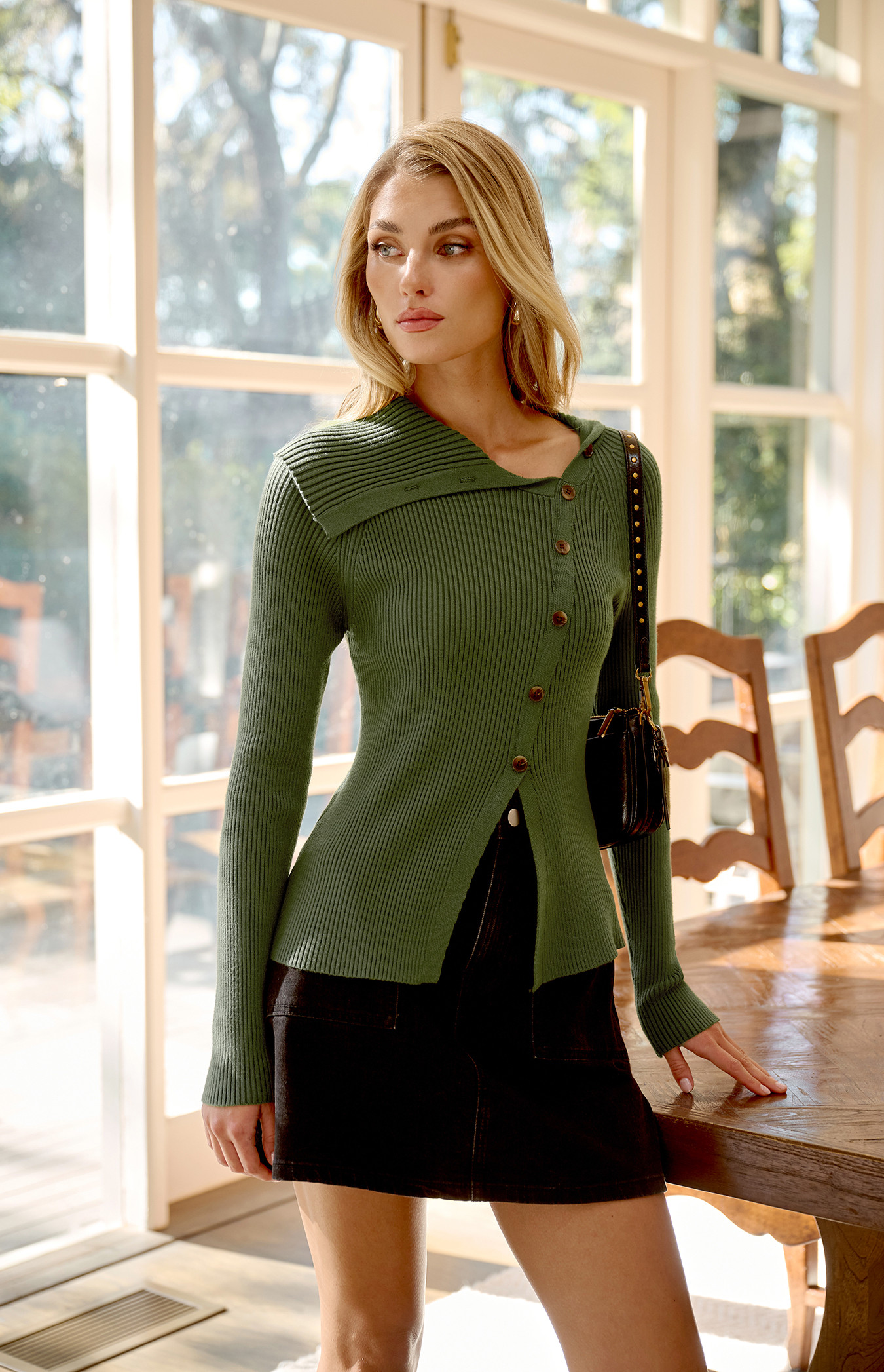 Draped Neckline Asymmetrical Button Knit Top (WKN800) | Style State