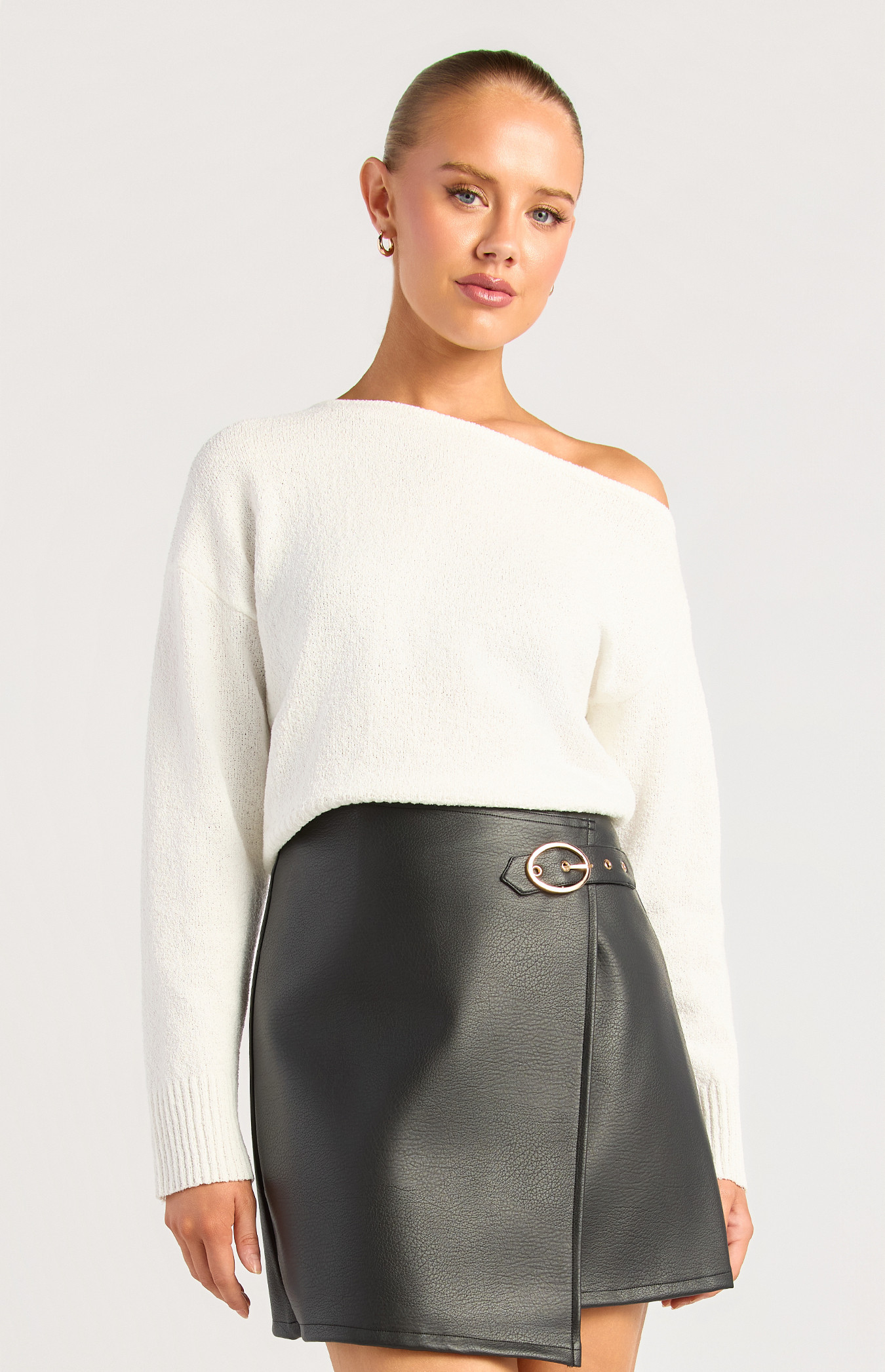 Asymmetric Neckline Loose Fit Textured Knit Top (WKN852)