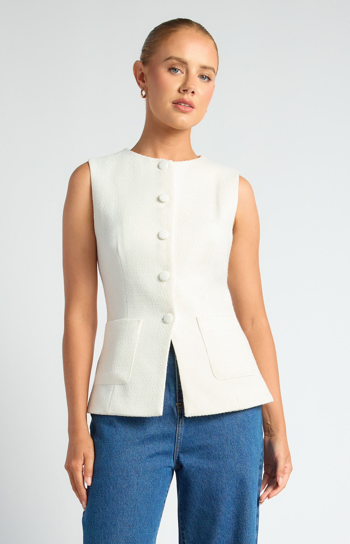 Tweed Vest with Self Fabric Buttons and Patch Pockets (WTO649B)