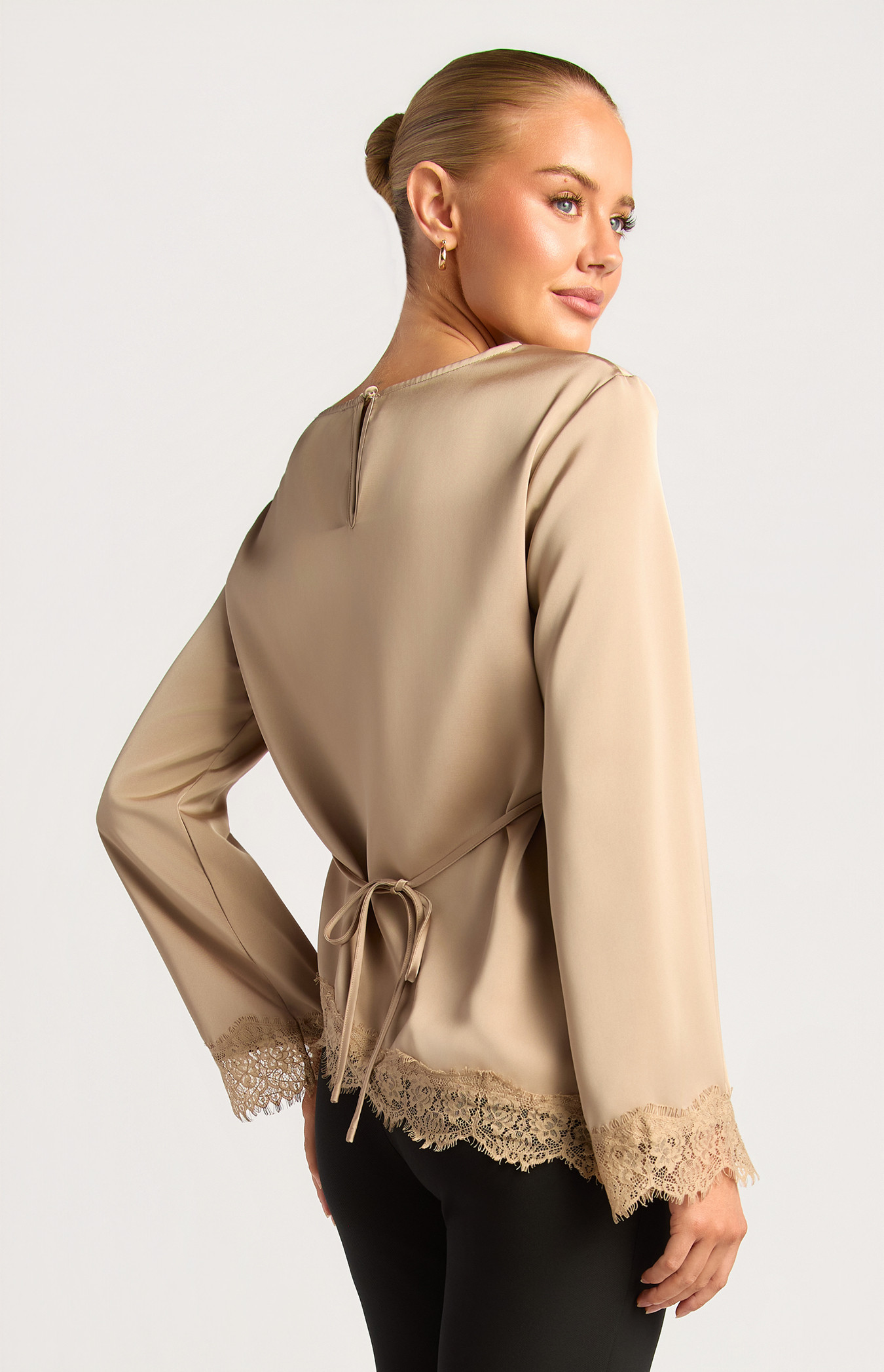 Lace Trim Satin Top With Back Tie Detail (WTO846B) | Style State