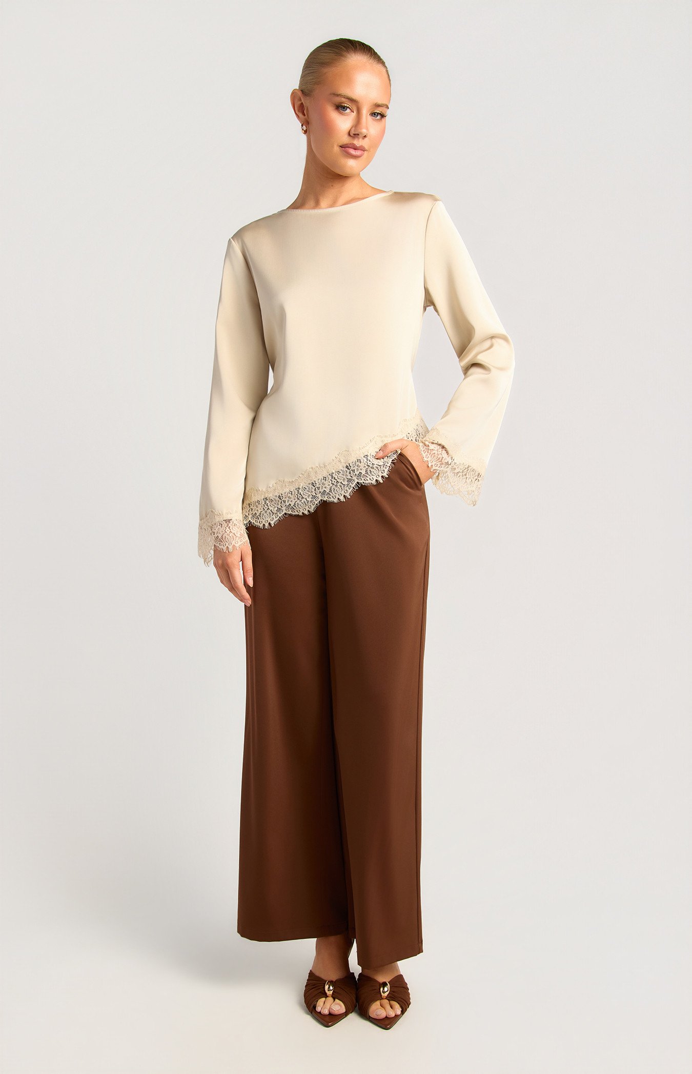 Lace Trim Satin Top With Back Tie Detail (WTO846B) | Style State