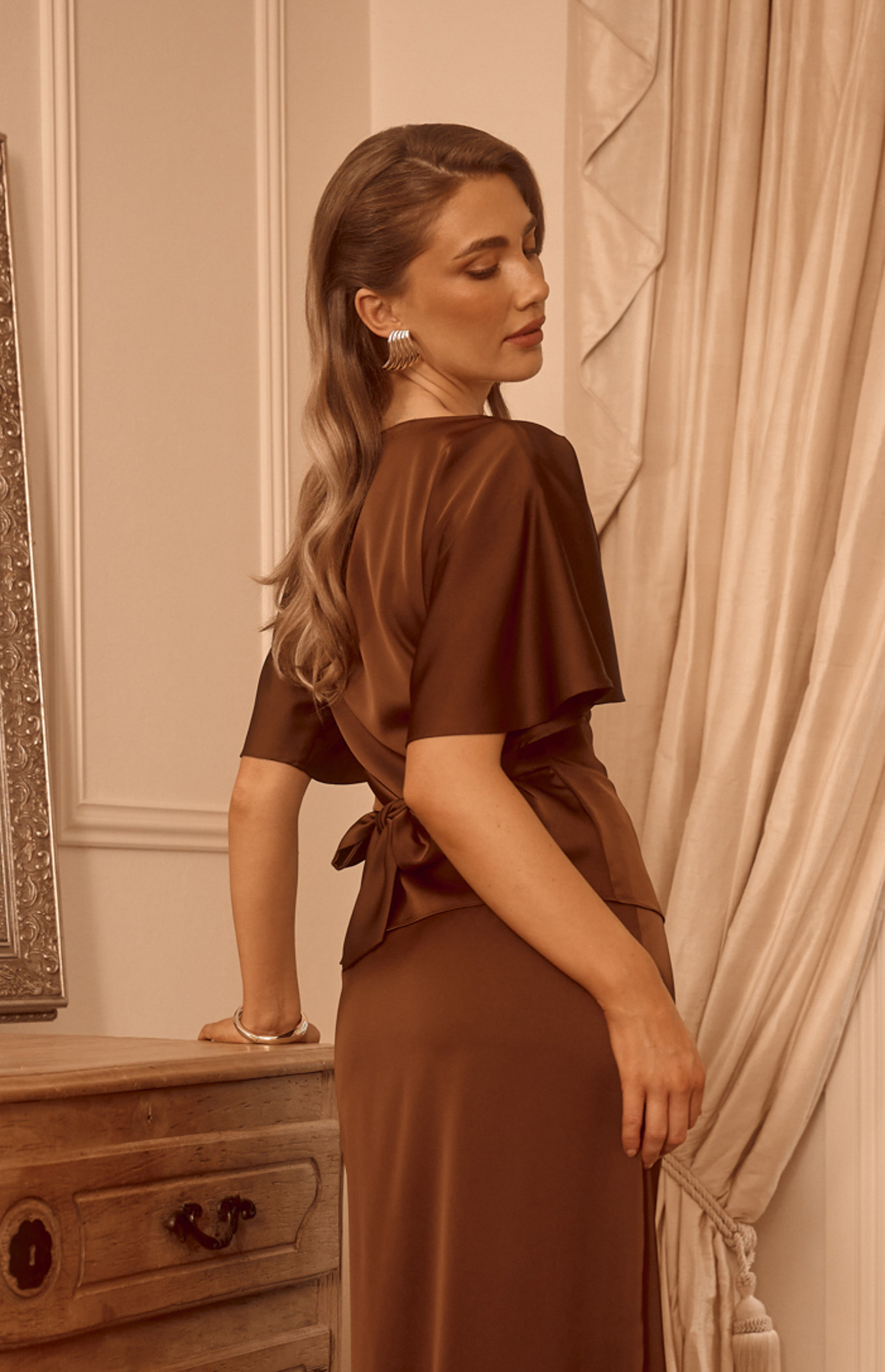 Cape Sleeve Satin Top with Cinch Waist Tie (WTO834B)
