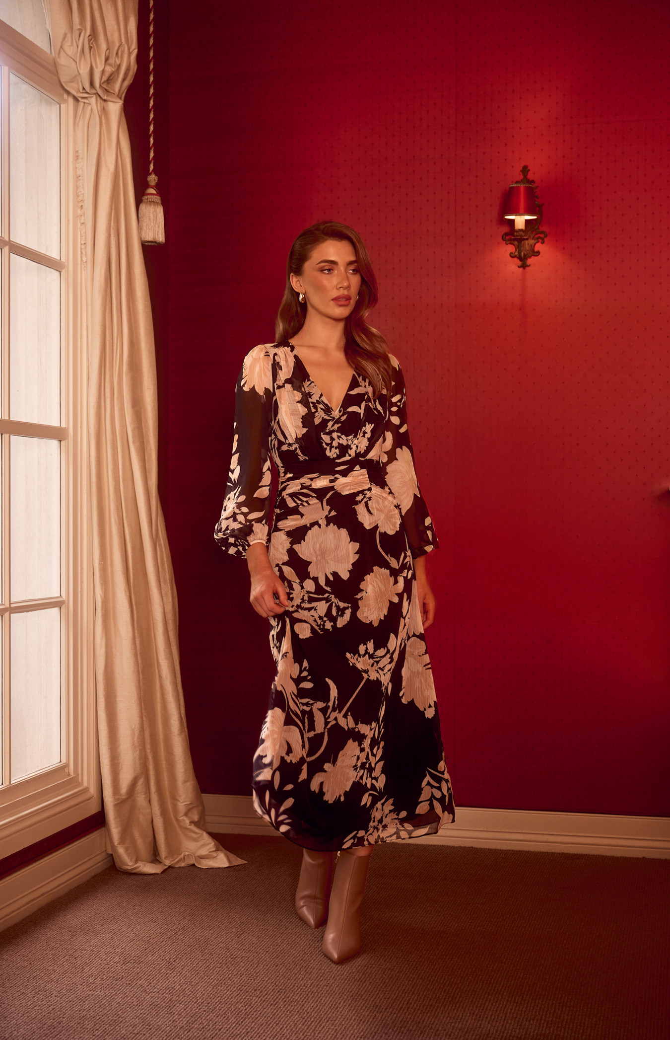 Winter Bloom Floral 3/4 Sleeve Chiffon Midi Dress (SDR1948A)