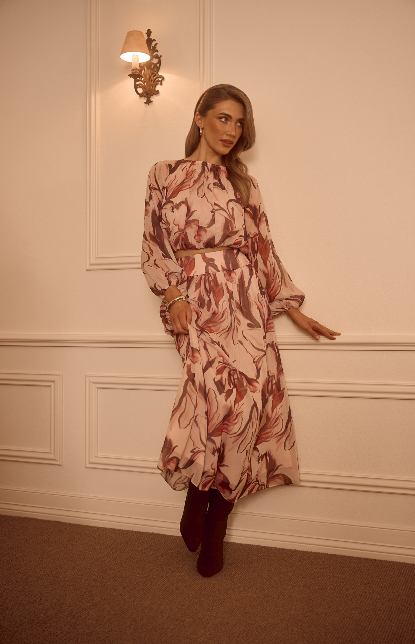 Petal Print Chiffon Set with Ruched Top and Maxi Skirt (SSE594A)