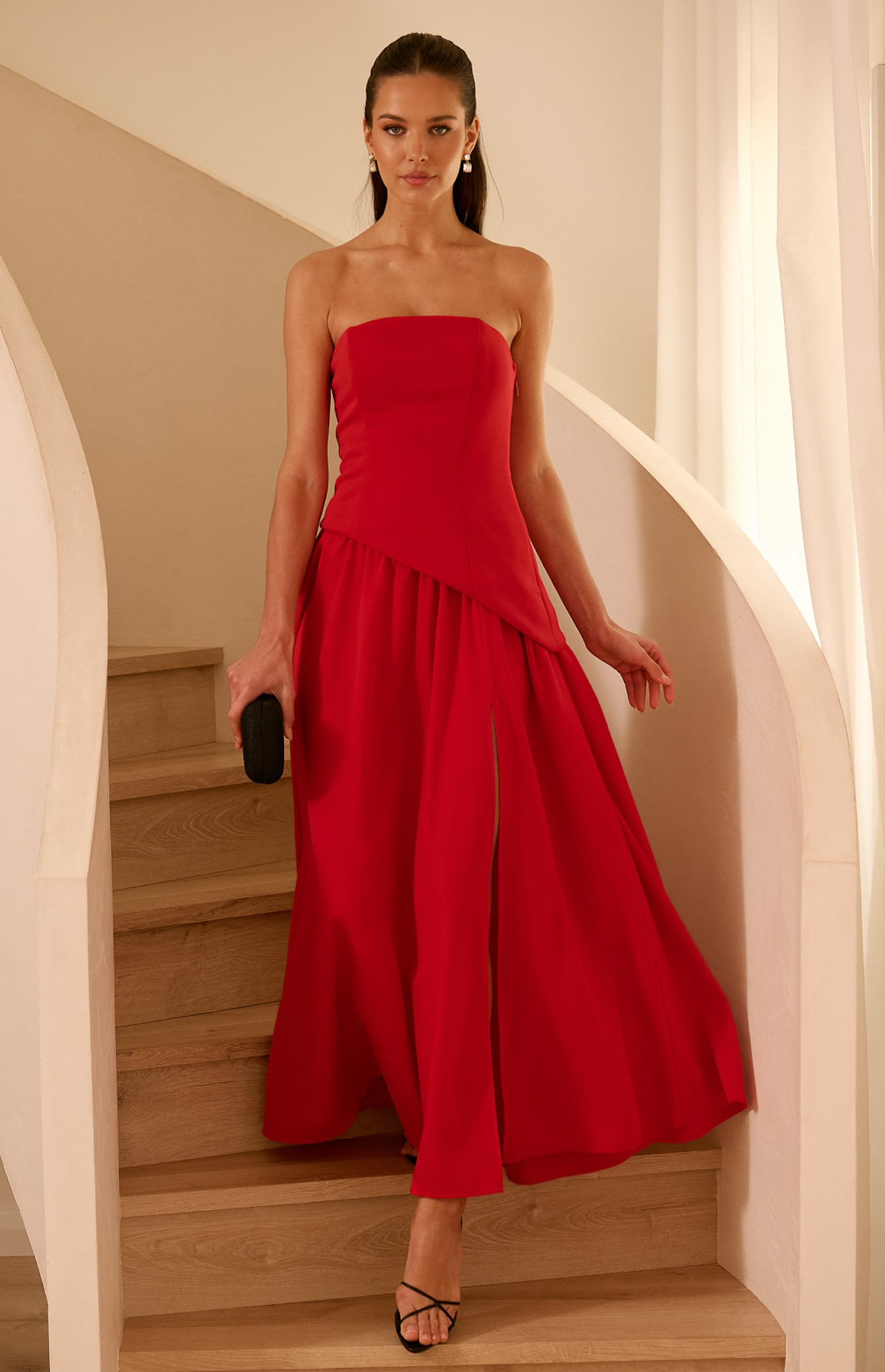 Contrast Fabric Strapless Maxi Dress With Asymmetric Bodice (SDR1872A)