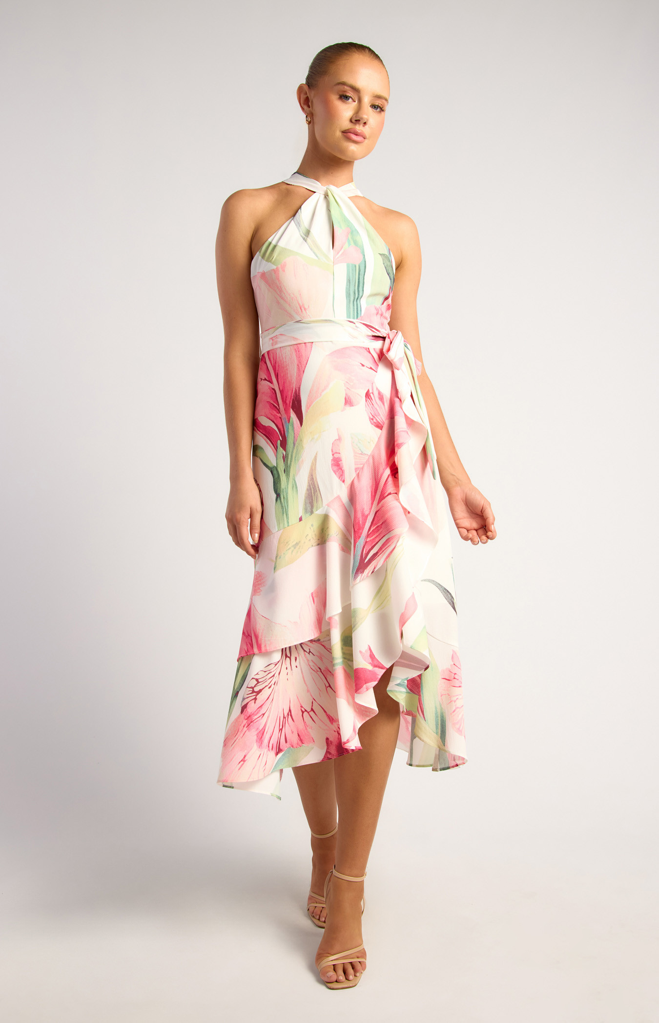 Oasis Floral Print Halter Dress With Waterfall Hem (SDR1466-3A)
