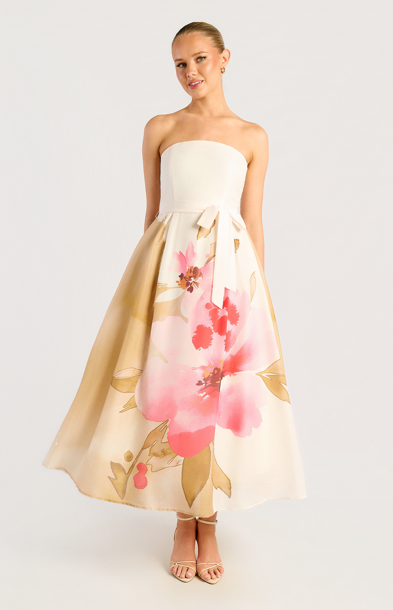 Strapless Placement Print Floral A-Line Midi Dress (SDR1691-3B)