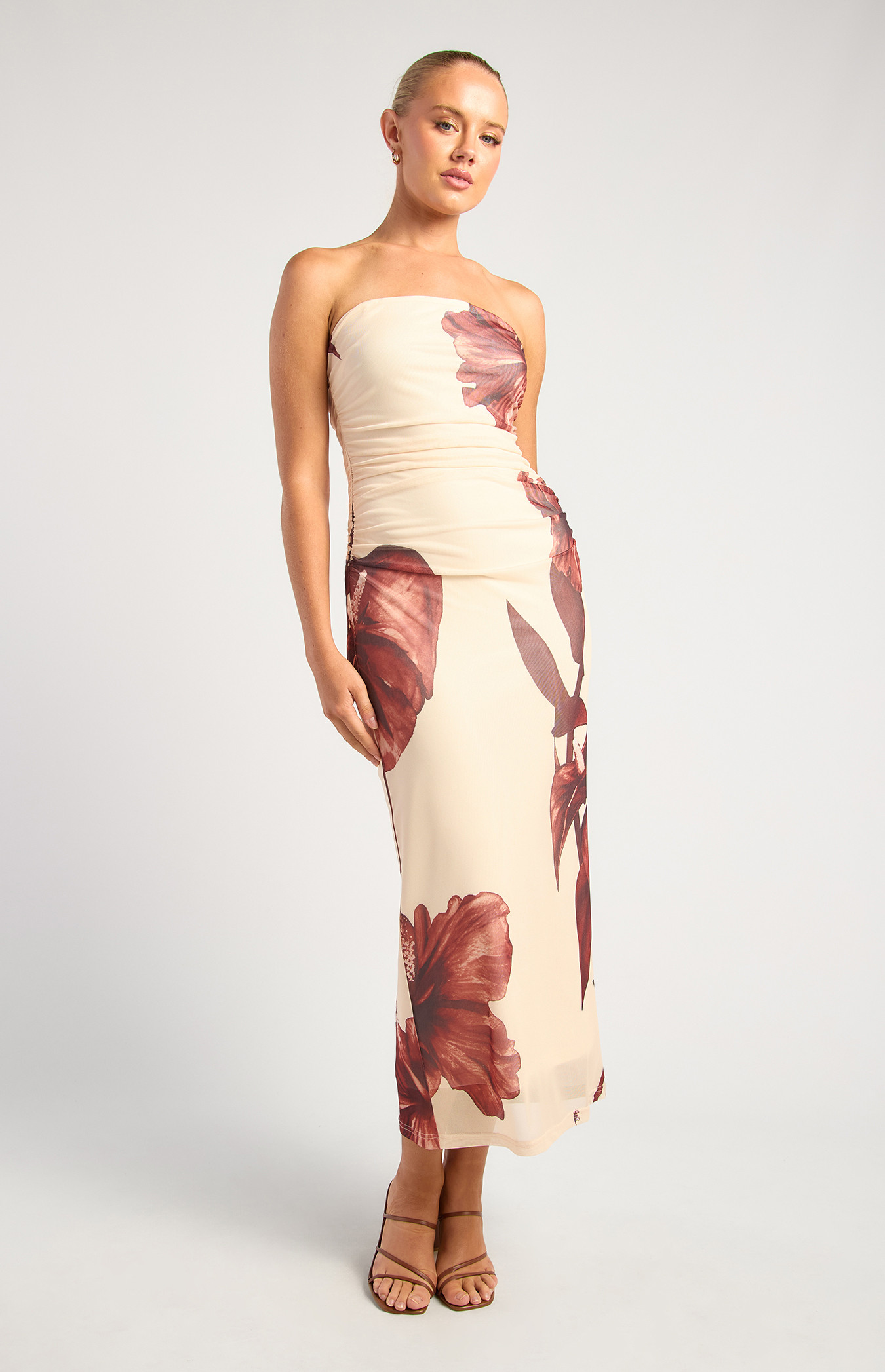 Contrast Floral Print Strapless Mesh Midi Dress (SDR1734-3A)