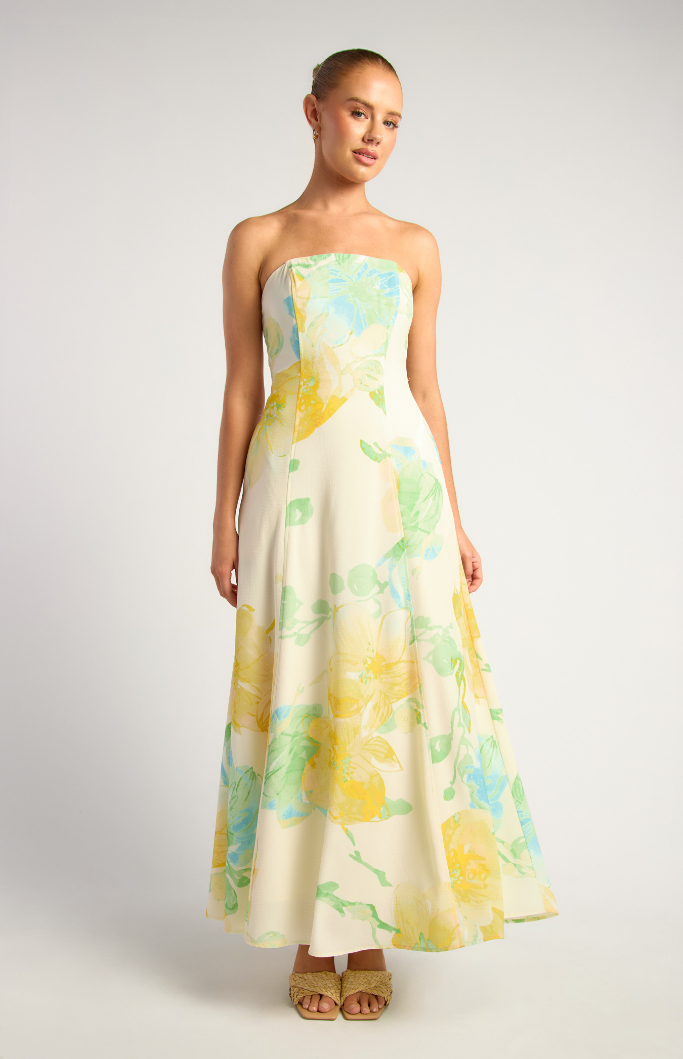 Wildflower Floral Print Strapless Panel Detailing Maxi Dress  (SDR1769-3A)