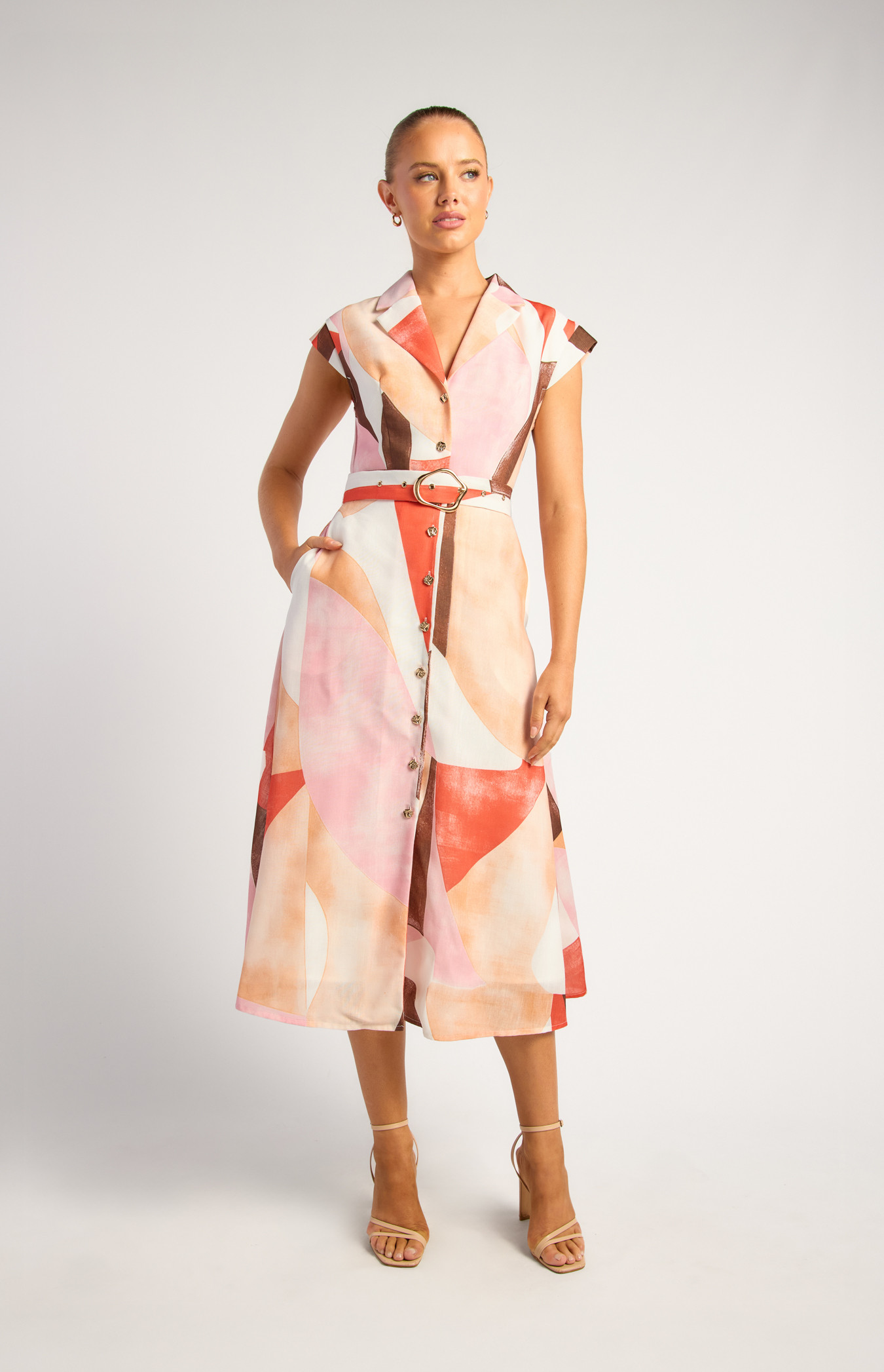 Faux Linen Cap Sleeve Abstract Print Shirt Dress With Gold Buckle (SDR1790-2A)