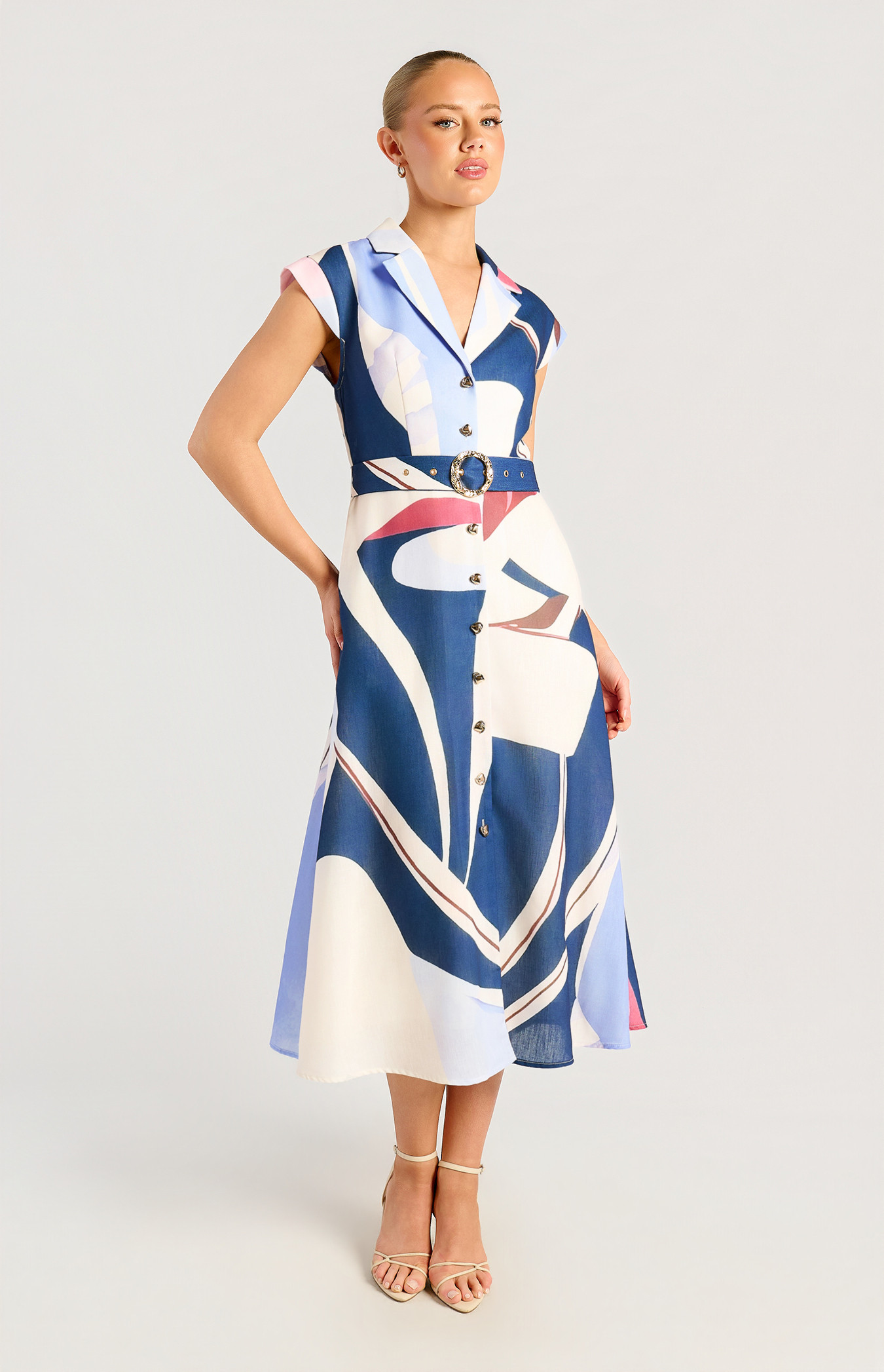 Faux Linen Cap Sleeve Abstract Print Shirt Dress With Gold Buckle (SDR1790-3A)