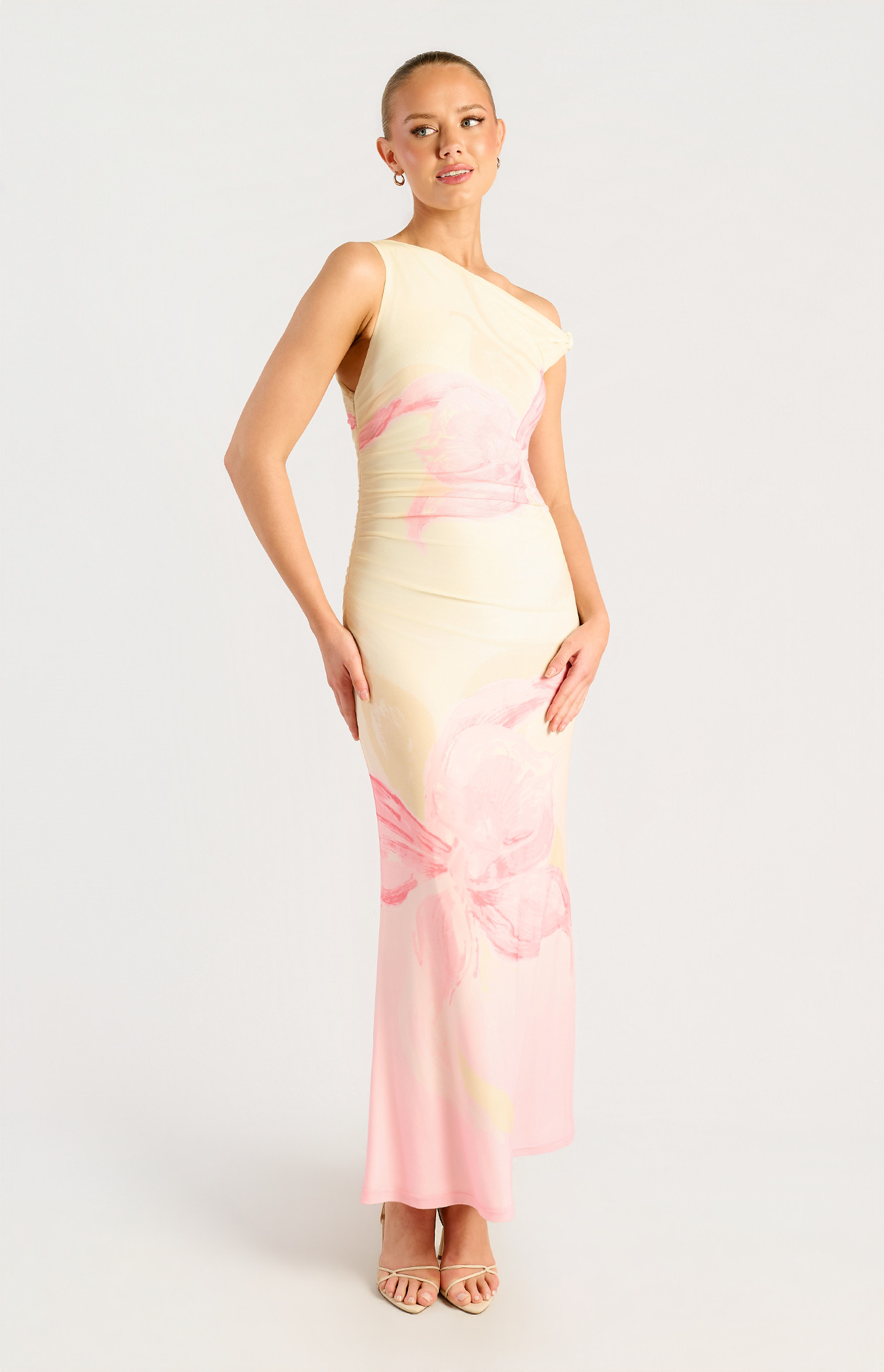 Floral Print Asymmetric Neckline Mesh Dress (SDR1795-4A)