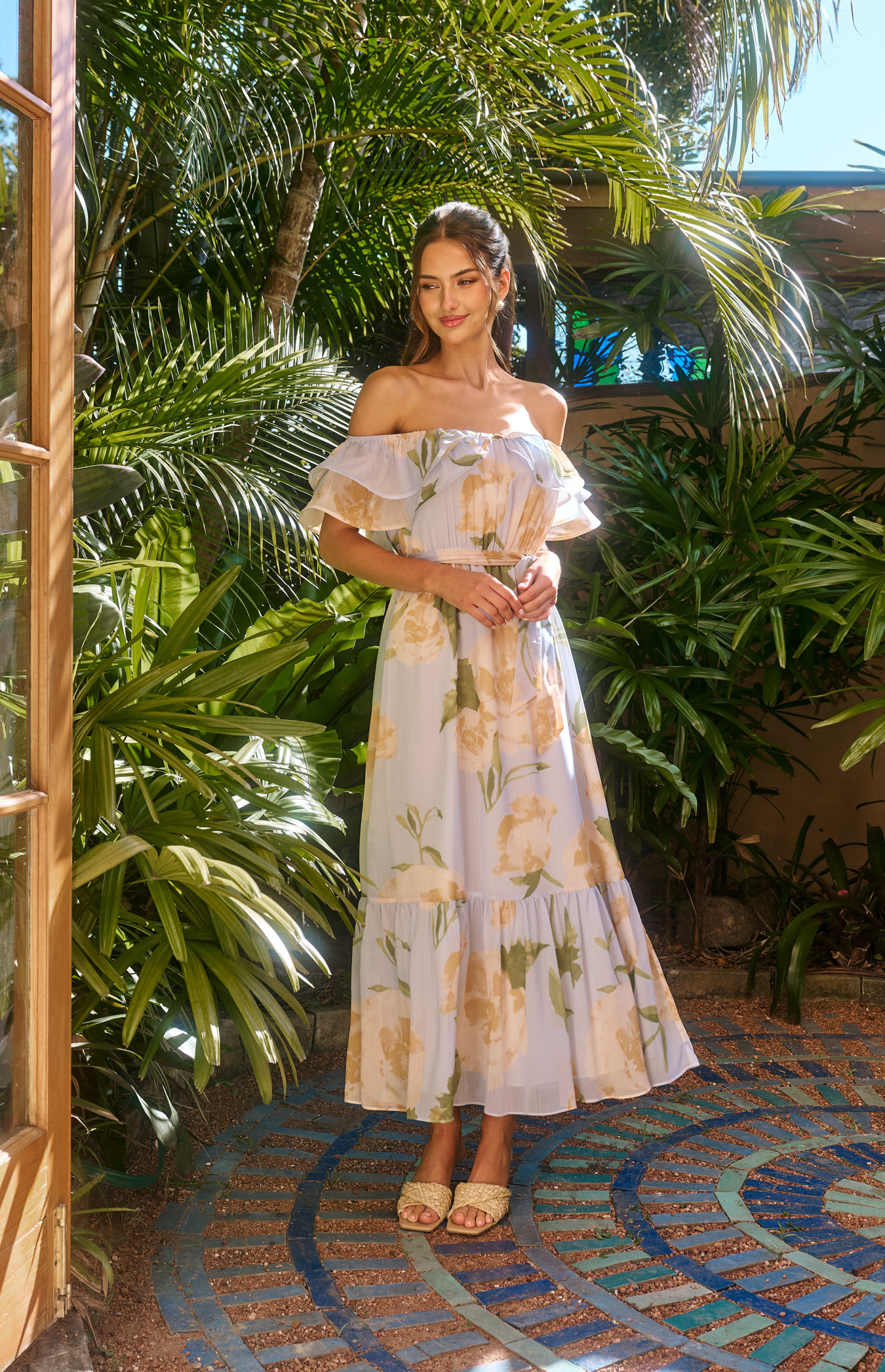 Off-Shoulder Double Frill Feature Neckline Floral Print Chiffon Dress (SDR1816A)