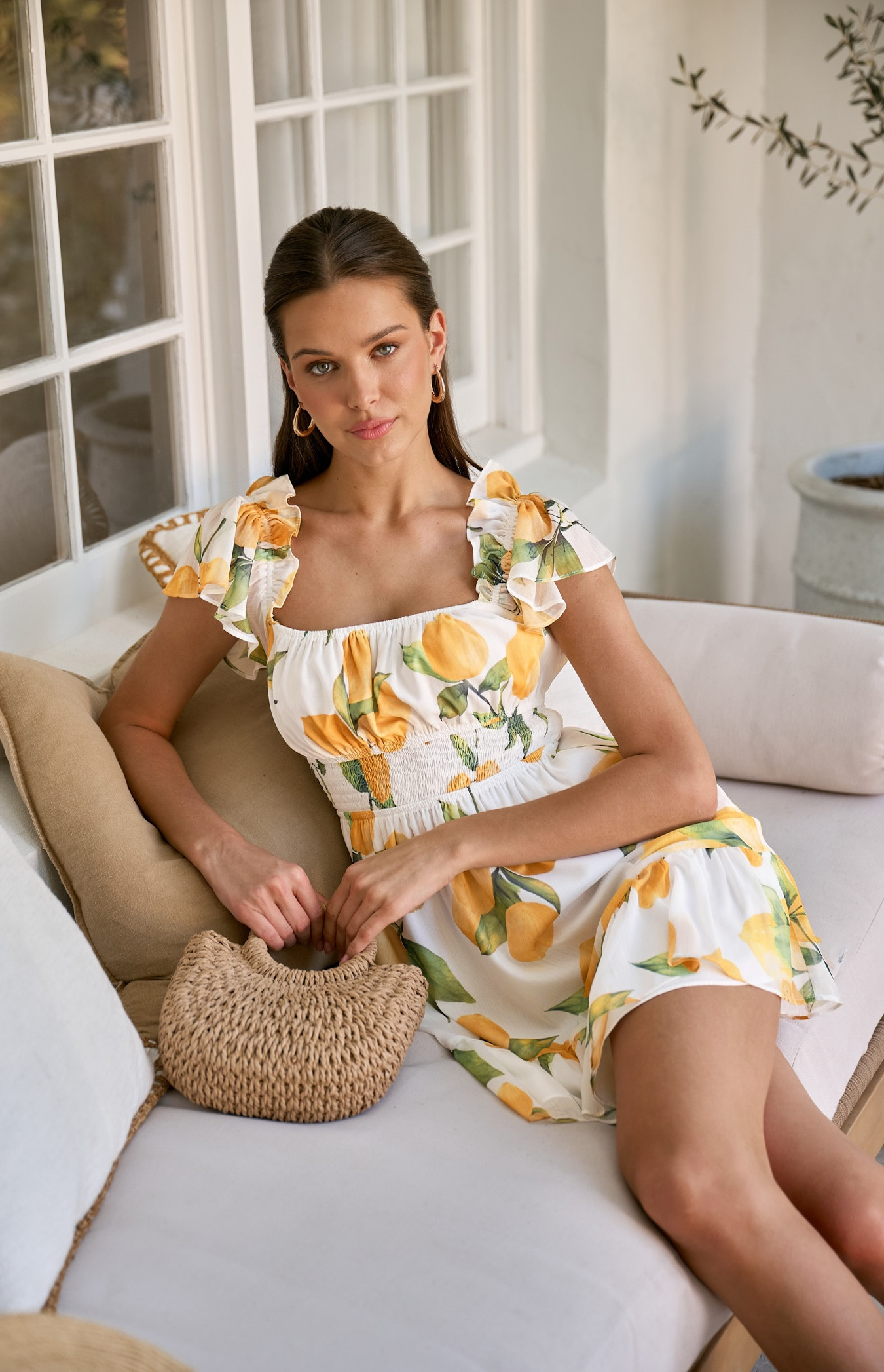 Chiffon Lemon Print Dress With Shirred Waist Detail (SDR1839A) 